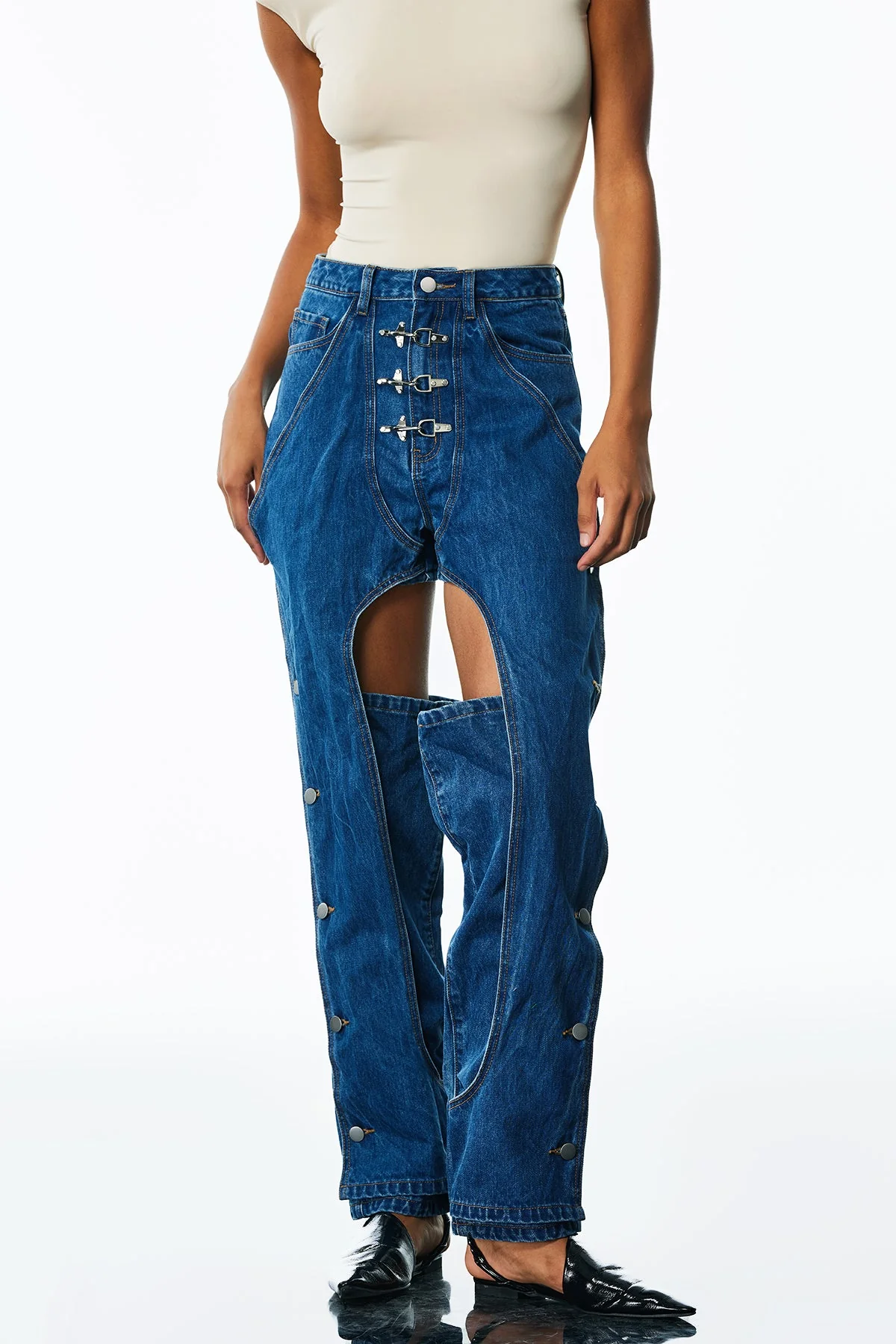 Blue Cutout Patchwork Button Denim Jeans