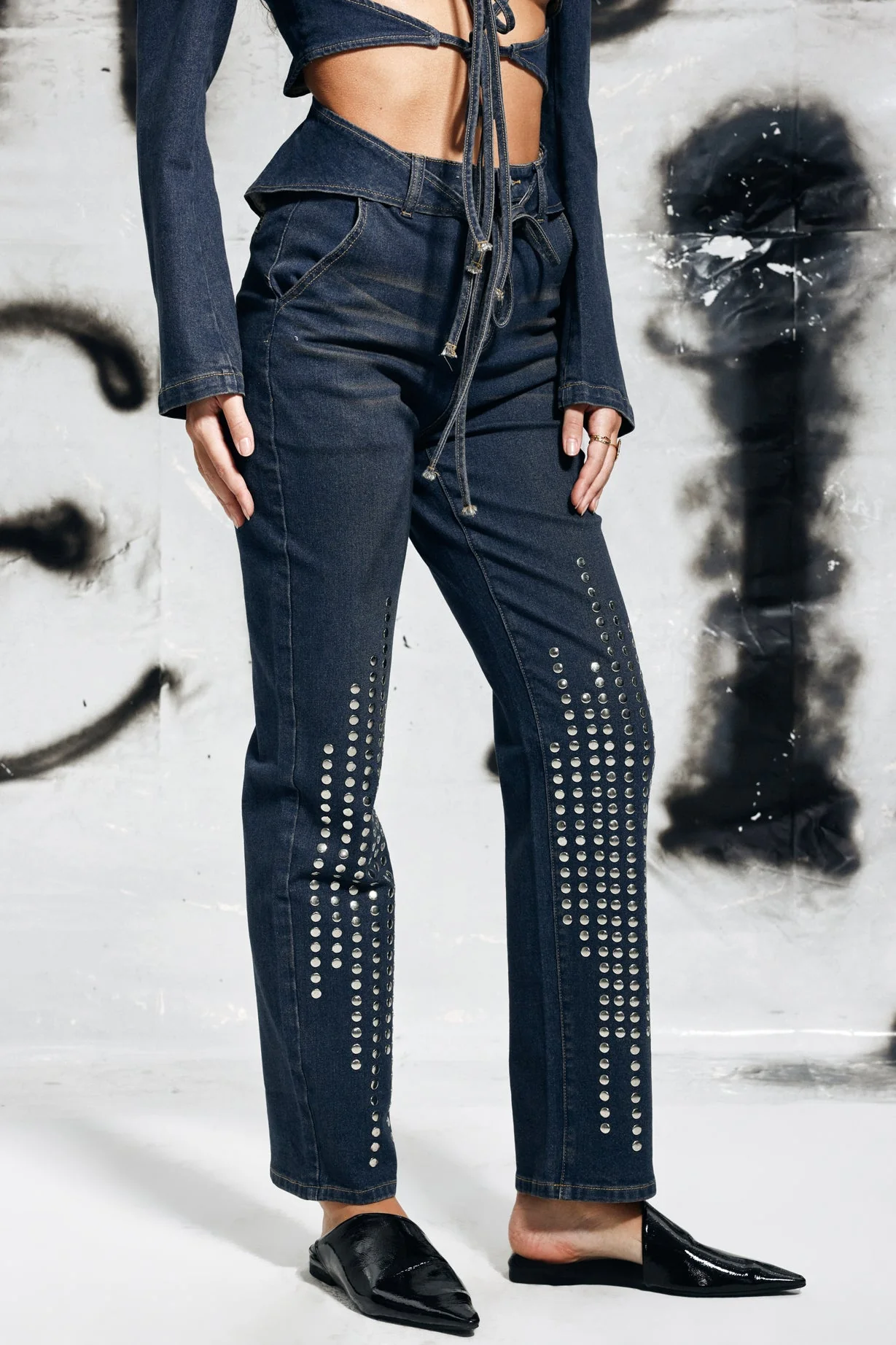 Studded Lace Up Denim Jeans in Blue | Clearance Sale