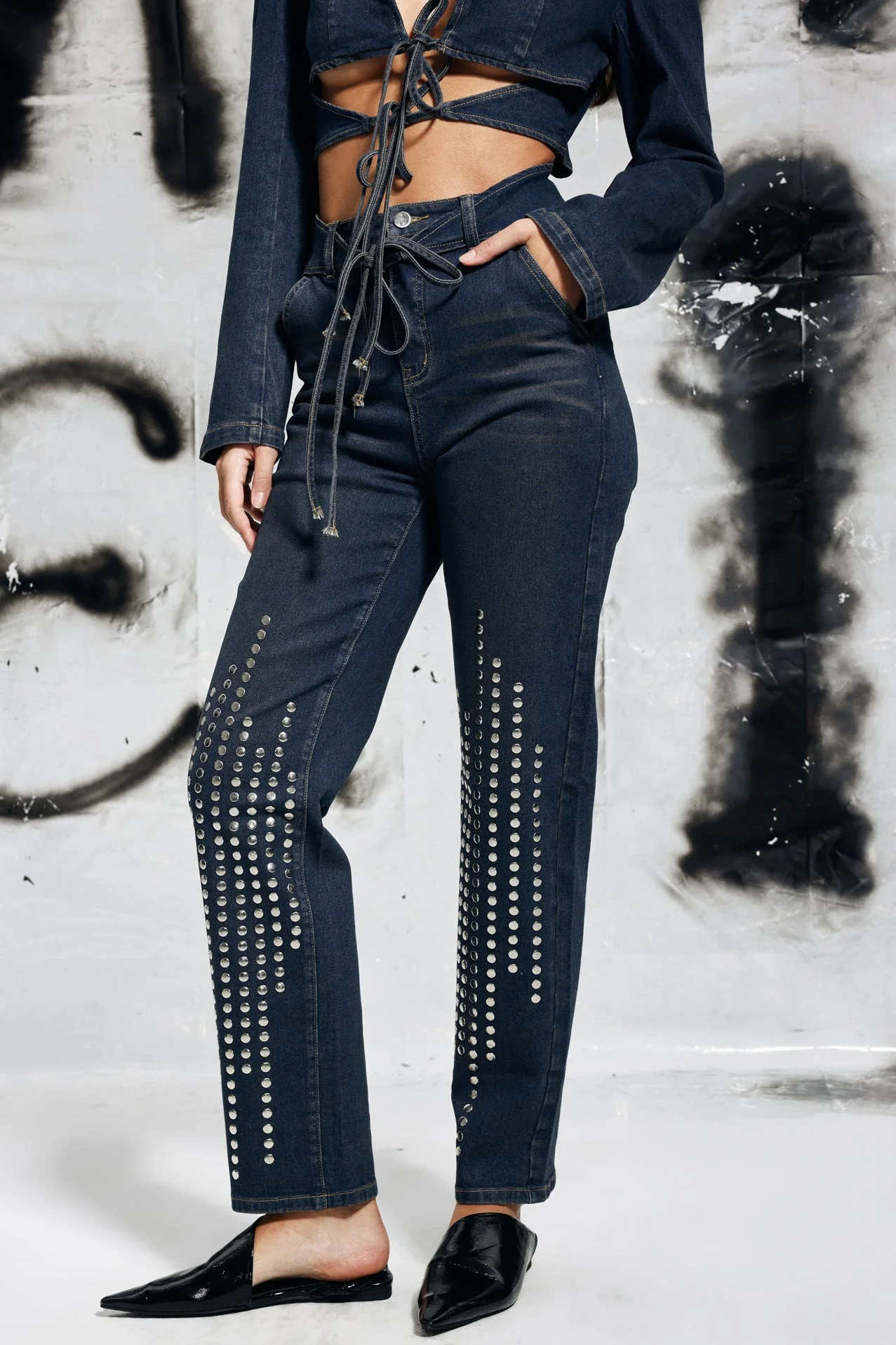 Studded Lace Up Denim Jeans in Blue | Clearance Sale