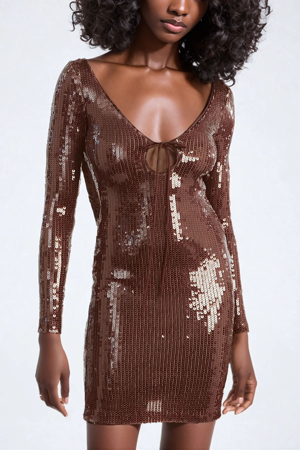Sequin Brown Long Sleeve Mini Dress