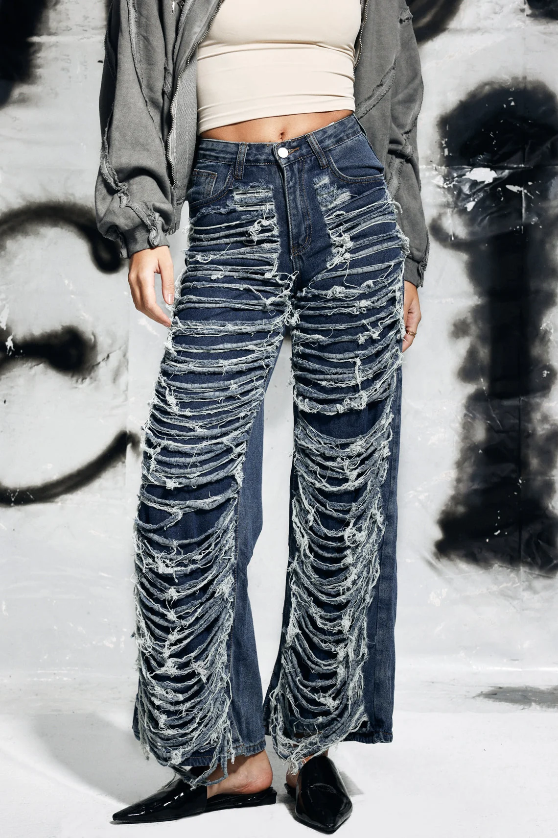 Blue Fringe Detailing Denim Jeans for Edgy Style