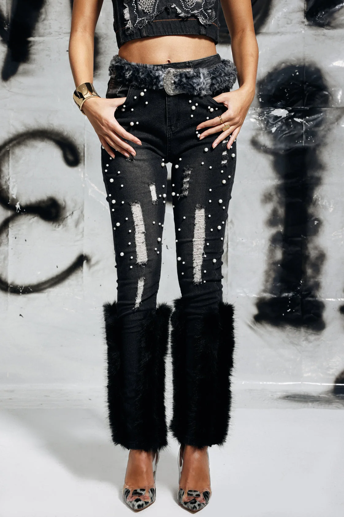 Statement Fur Patchwork Pearl Black Denim Jeans