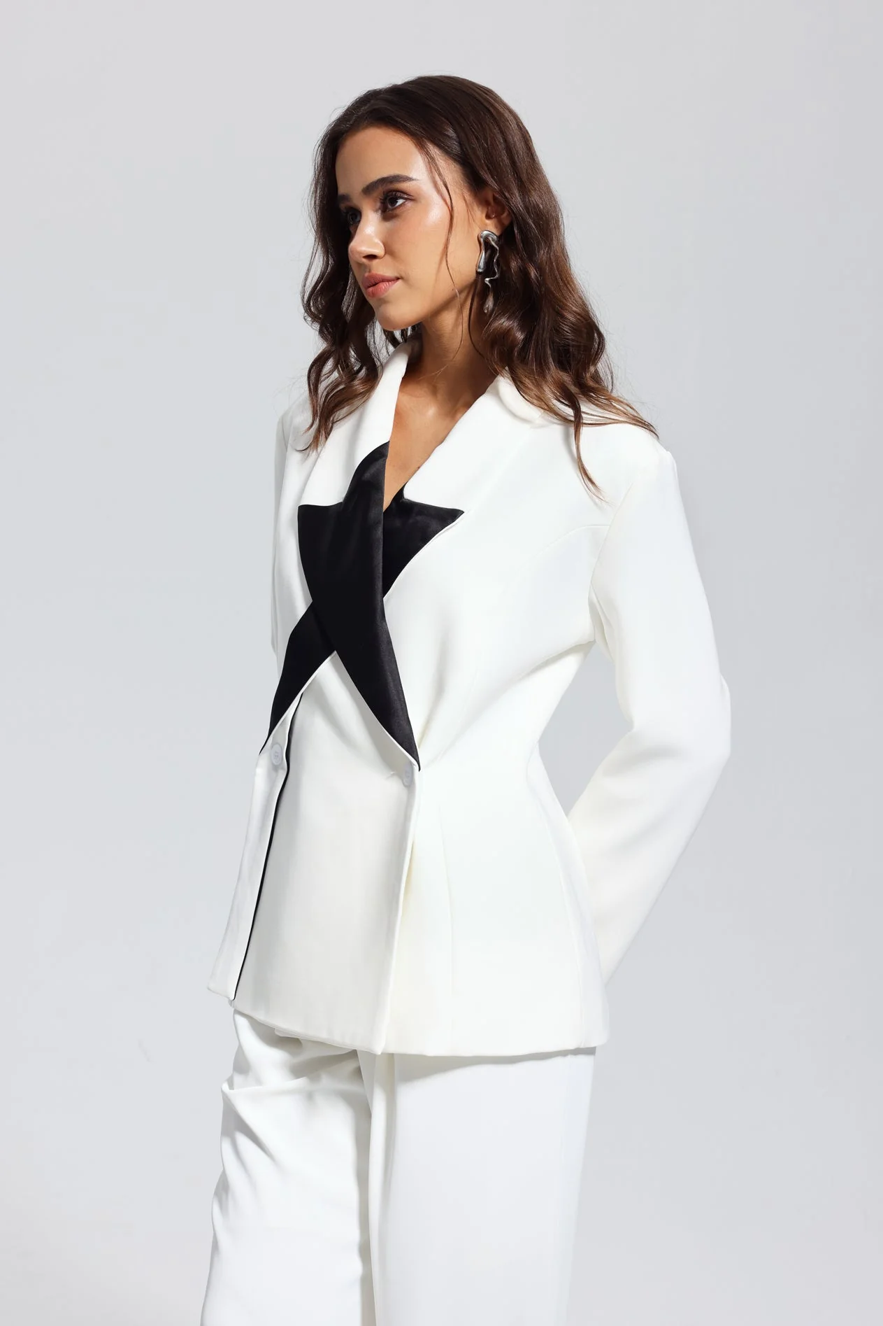Asymmetric White Star Print Blazer