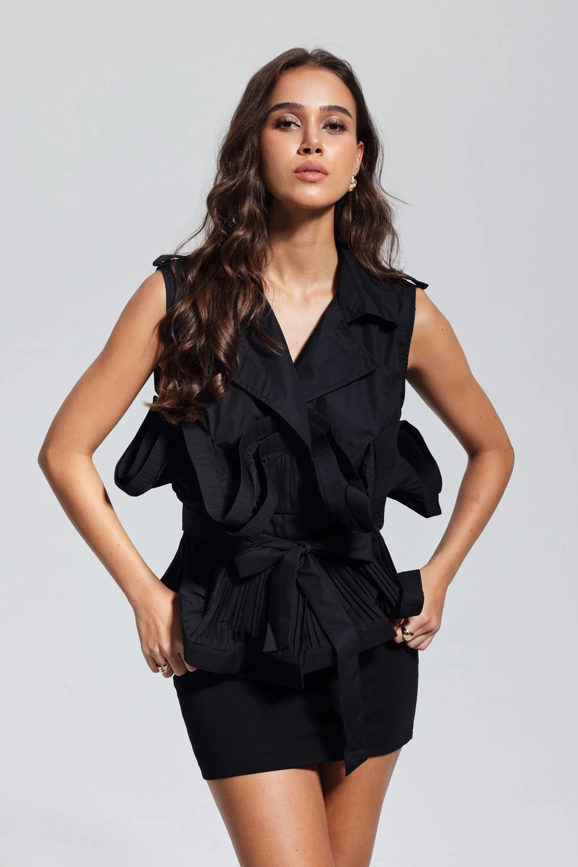 Black Lace Up Ruffle Vest - Stylish Sleeveless Top