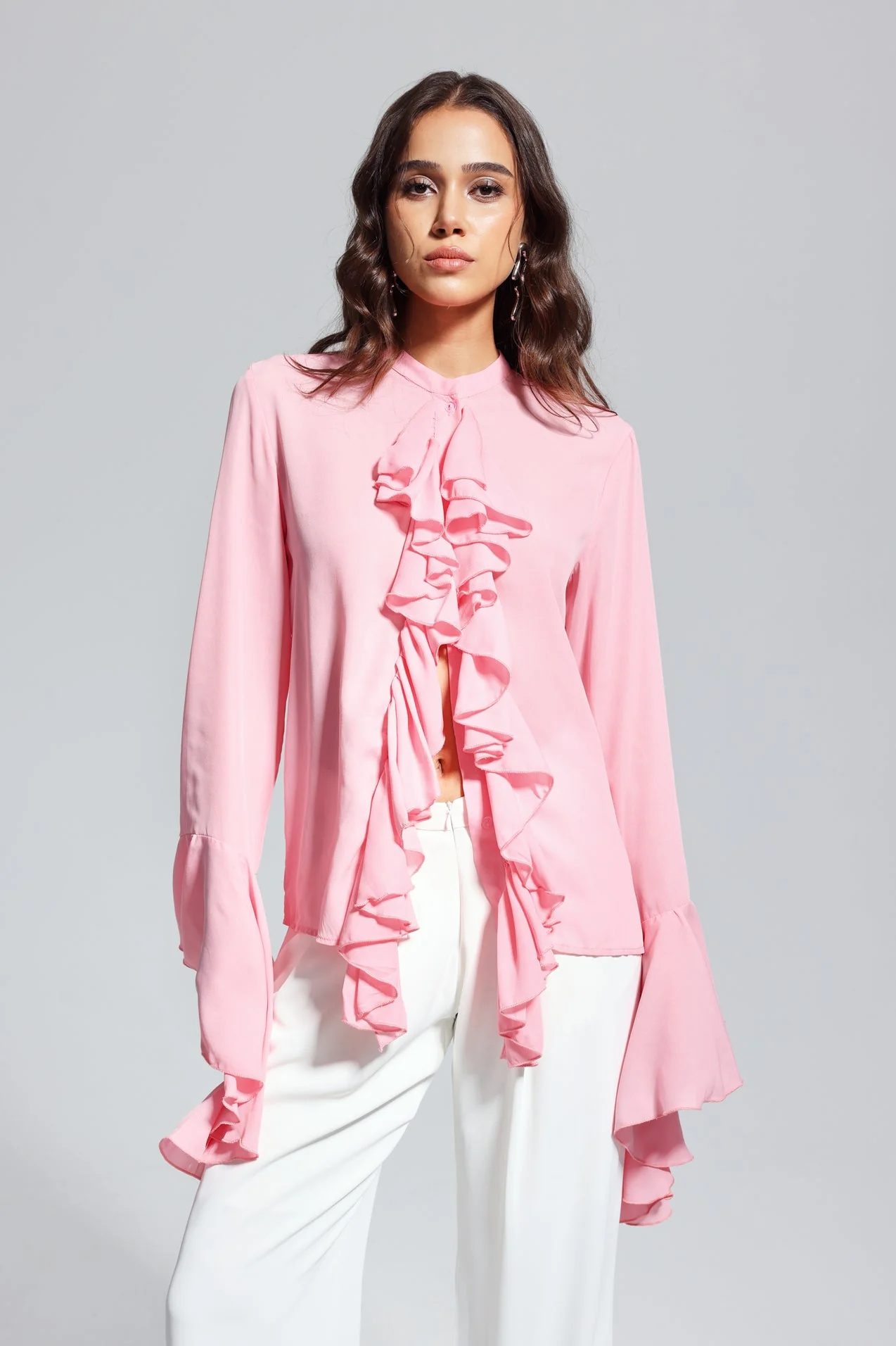 Pink Ruffle Asymmetric Top - Elegant Split Design