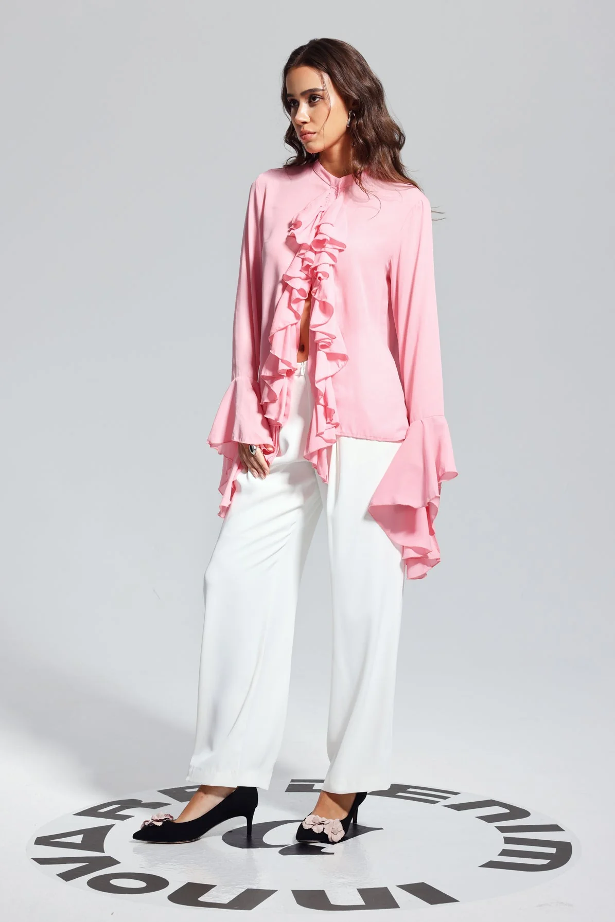 Pink Ruffle Asymmetric Top - Elegant Split Design
