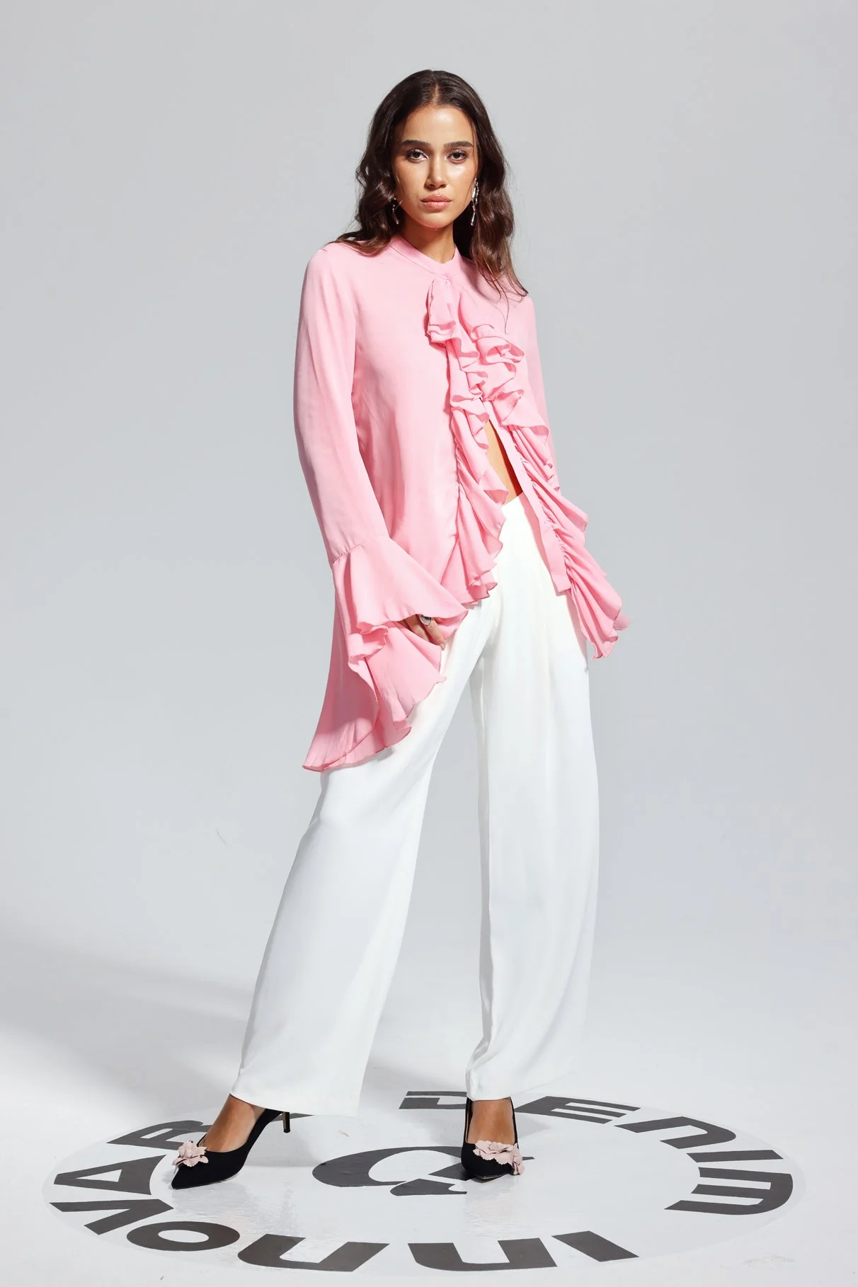 Pink Ruffle Asymmetric Top - Elegant Split Design