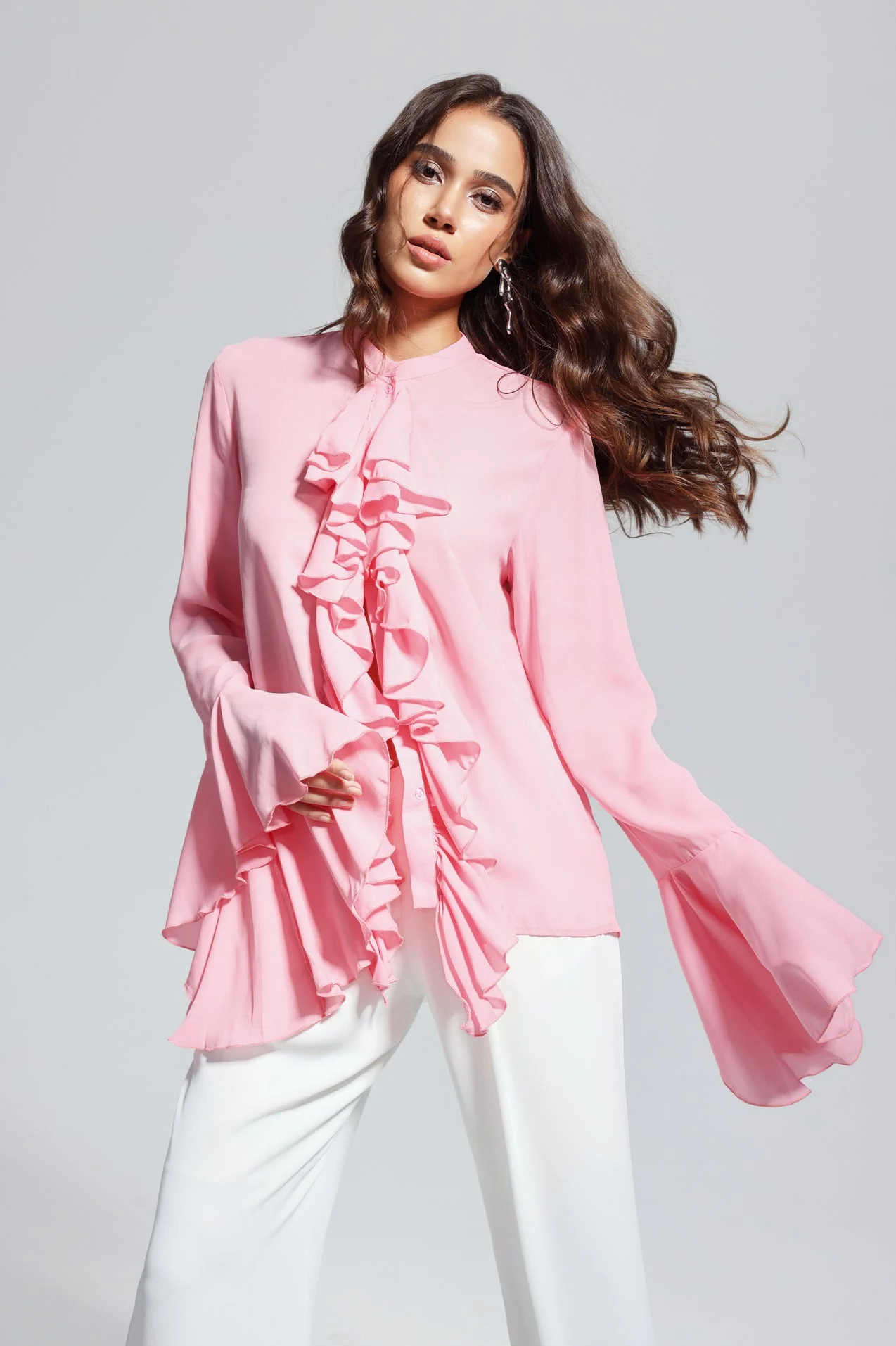 Pink Ruffle Asymmetric Top - Elegant Split Design