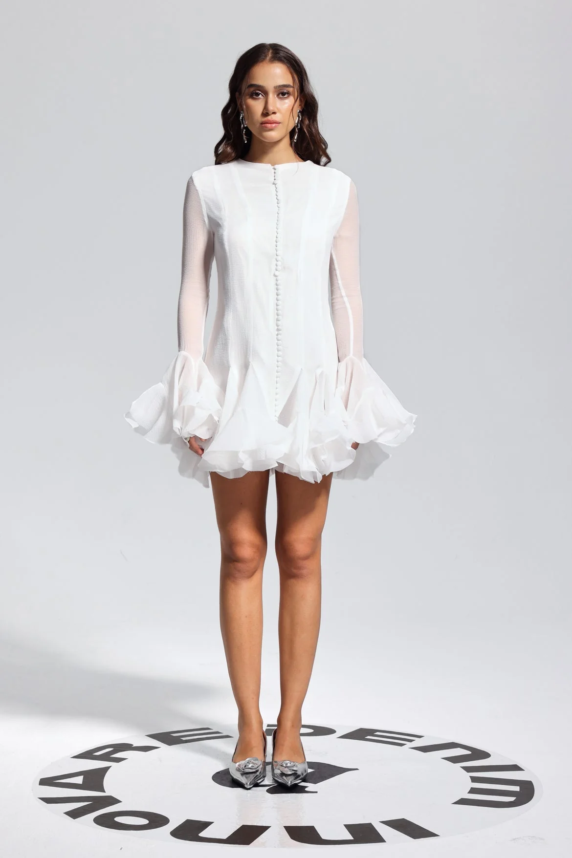White Mesh Ruffle Mini Dress - Elegant Design