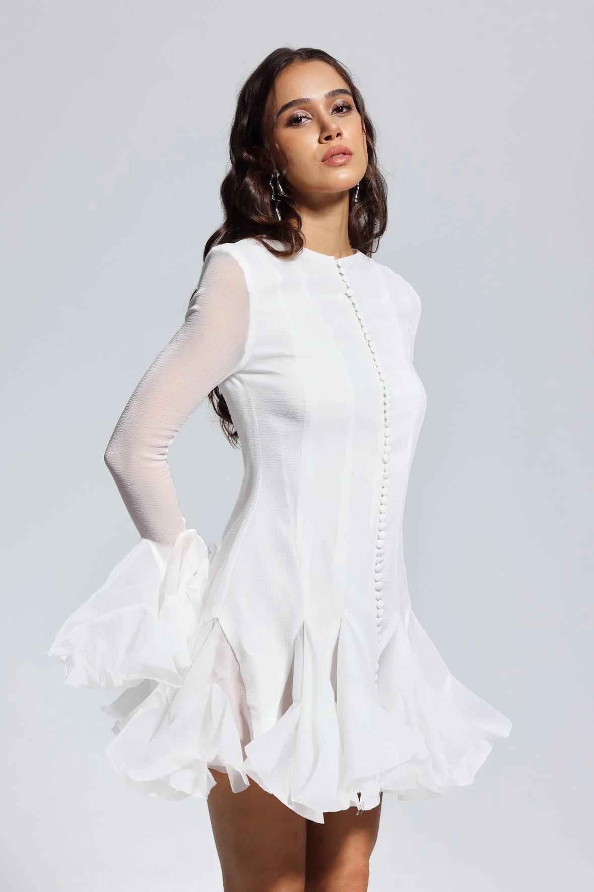 White Mesh Ruffle Mini Dress - Elegant Design