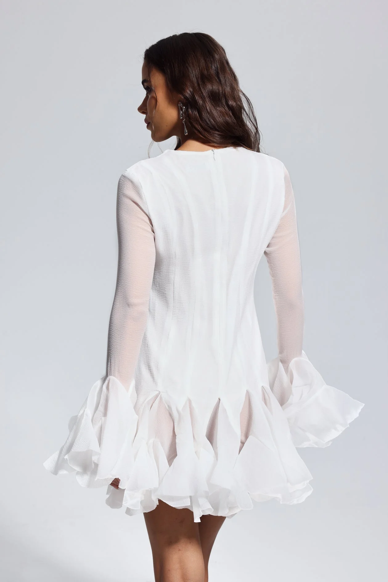 White Mesh Ruffle Mini Dress - Elegant Design