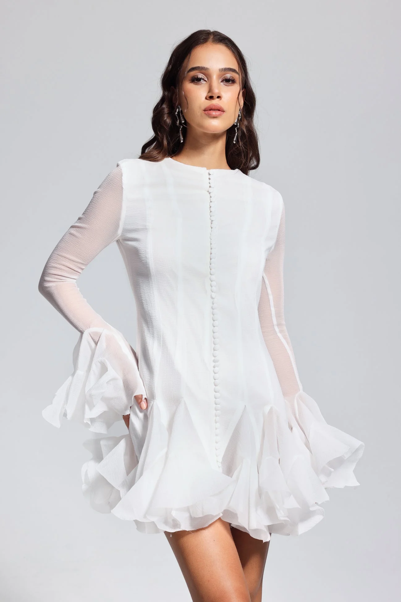White Mesh Ruffle Mini Dress - Elegant Design