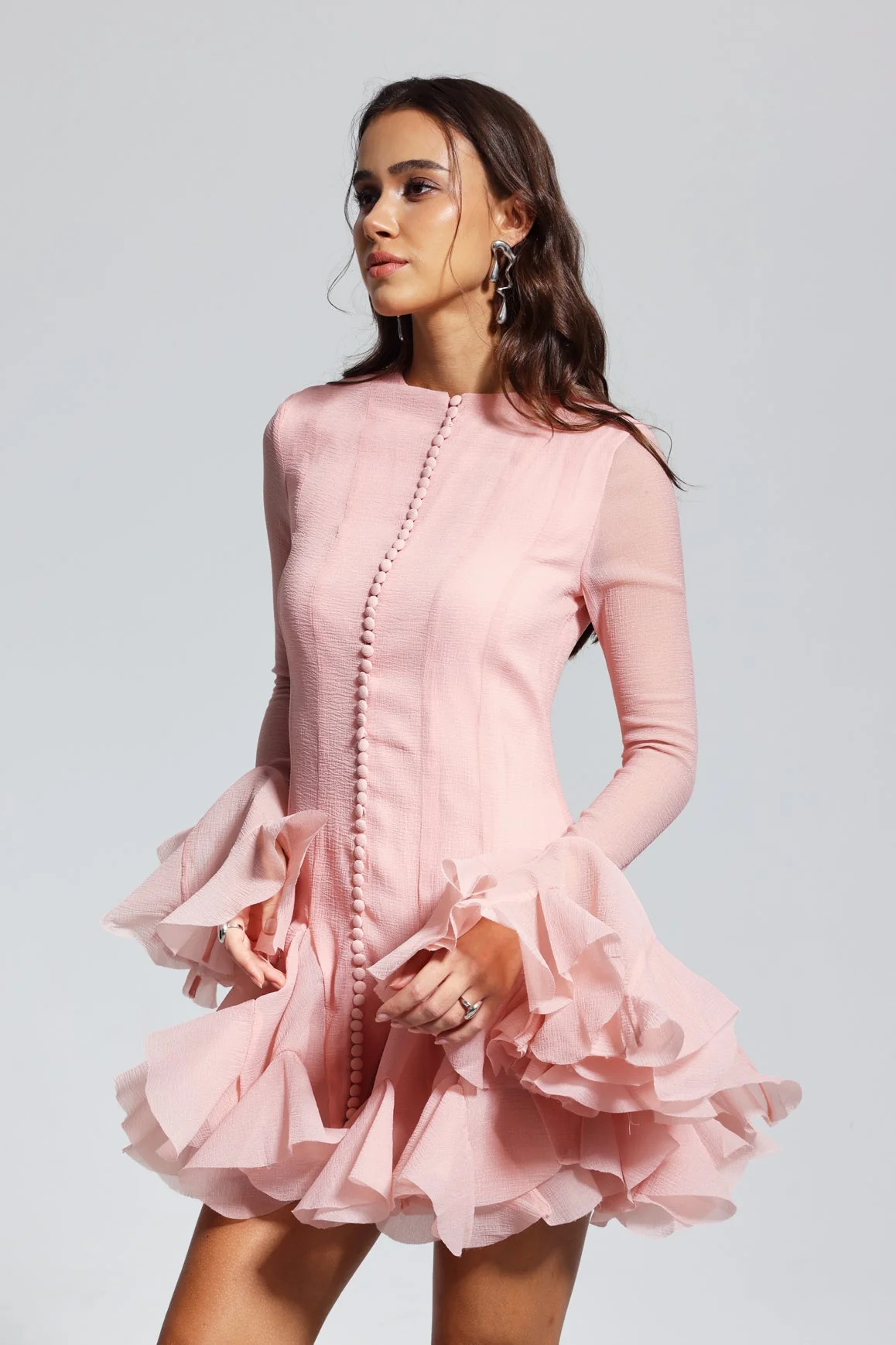 Pink Mesh Ruffle Mini Dress - Vibrant & Playful Design