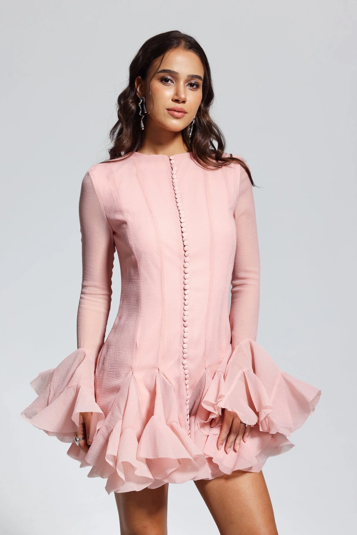 Pink Mesh Ruffle Mini Dress - Vibrant & Playful Design