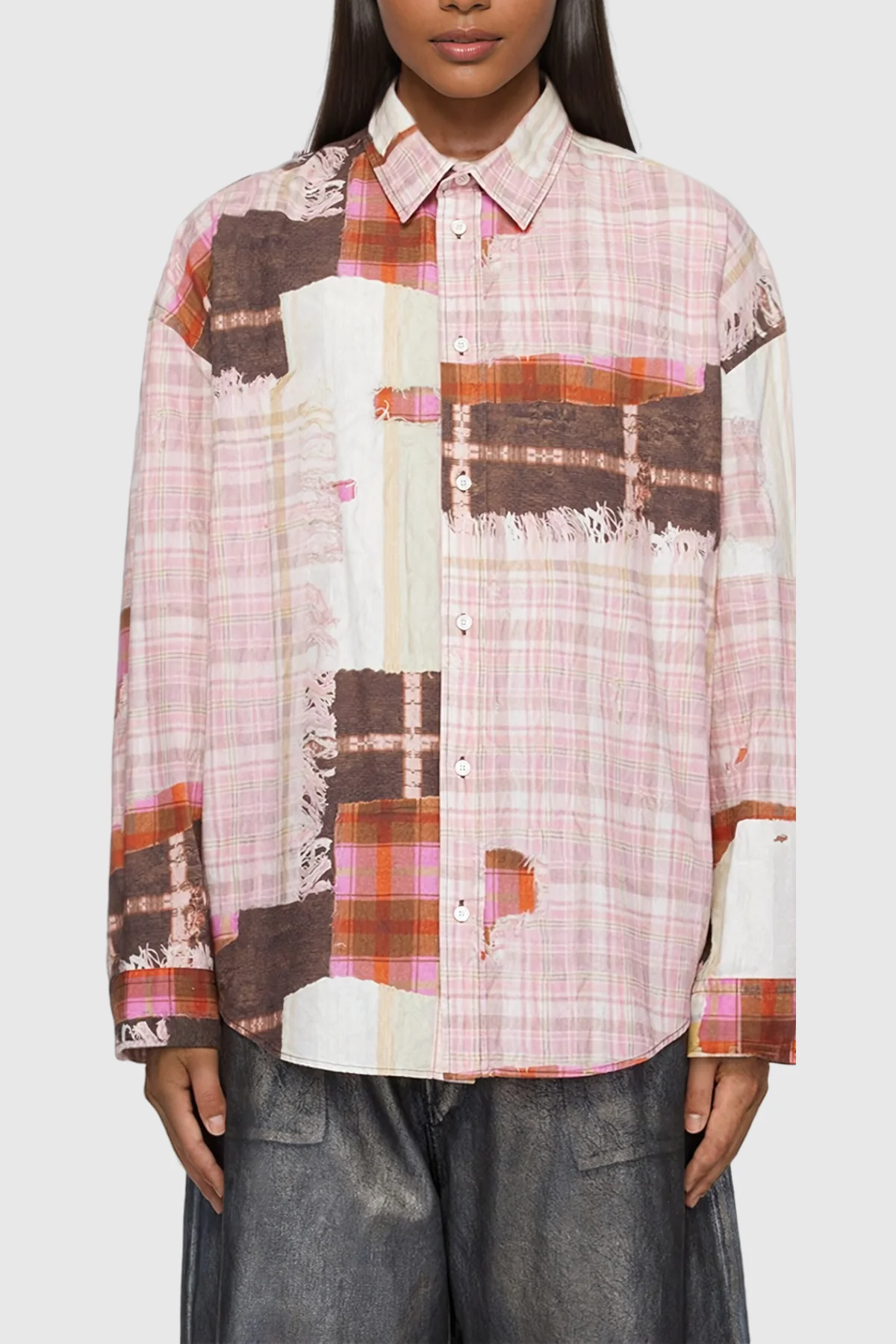 Pink Patchwork Grid Shirt for Women