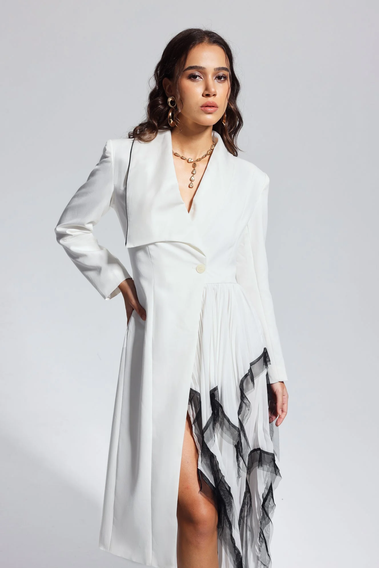 White Mesh Patchwork Ruched Coat - Luxurious Winter Outerwear