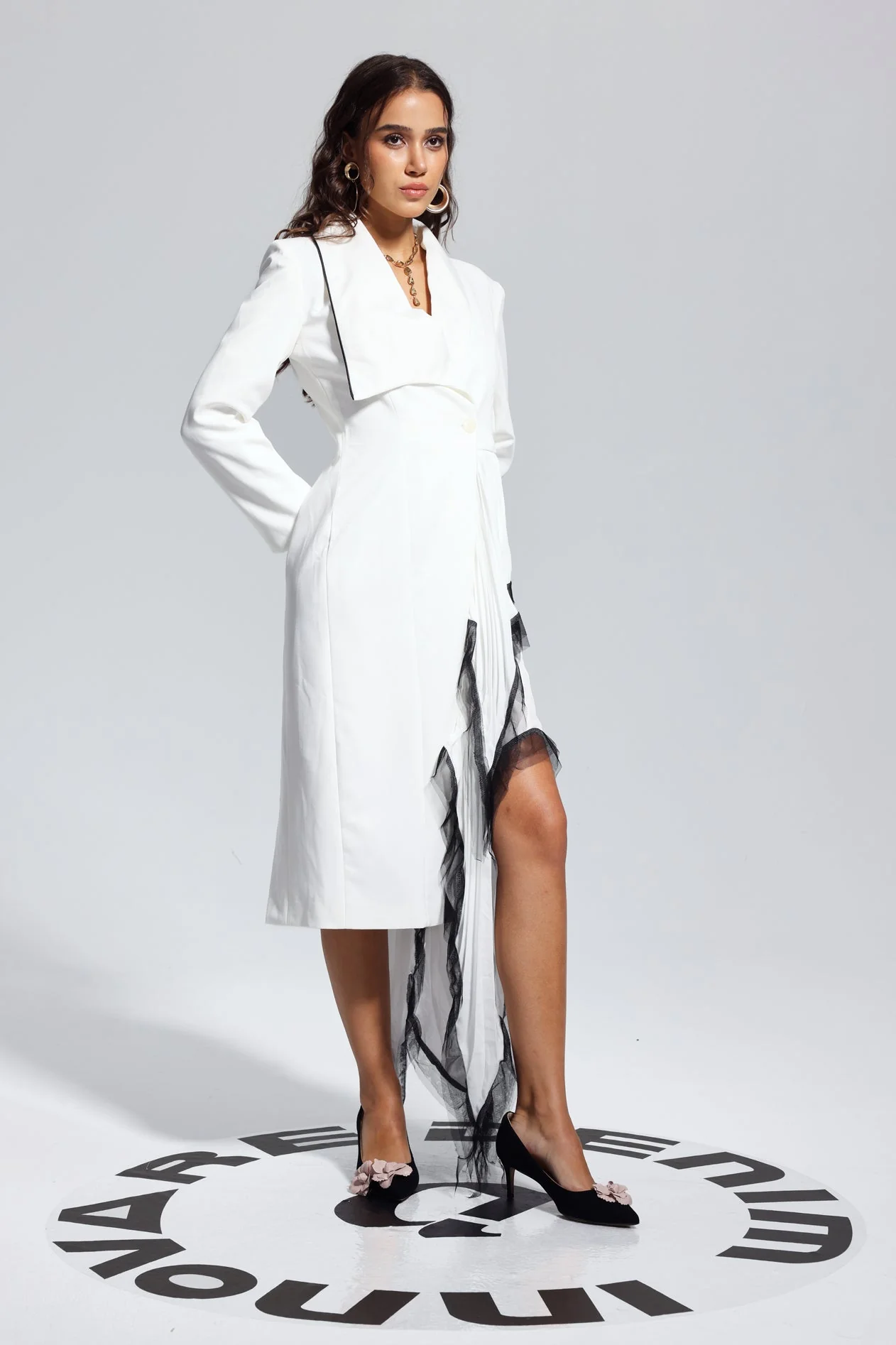 White Mesh Patchwork Ruched Coat - Luxurious Winter Outerwear