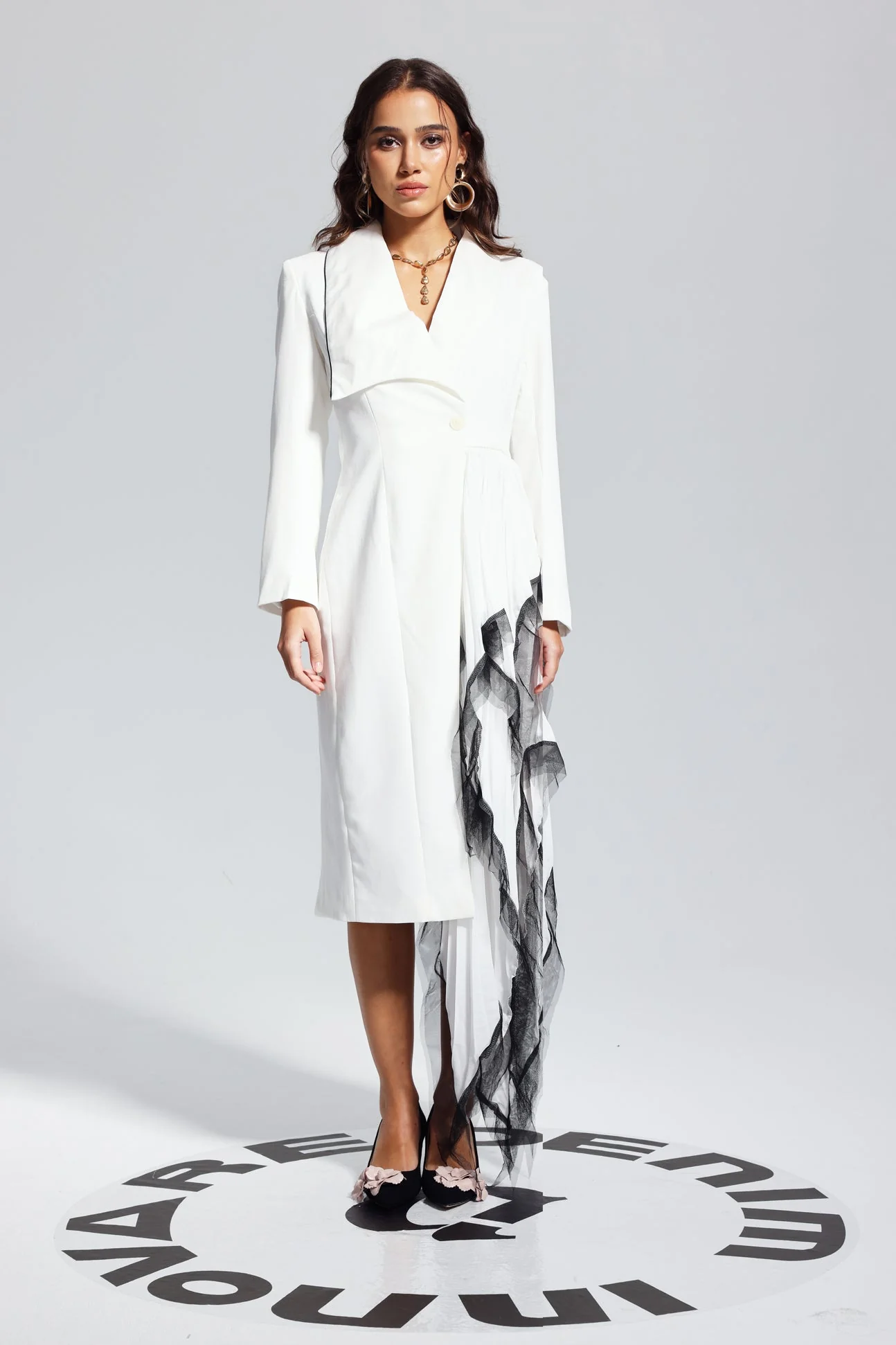 White Mesh Patchwork Ruched Coat - Luxurious Winter Outerwear