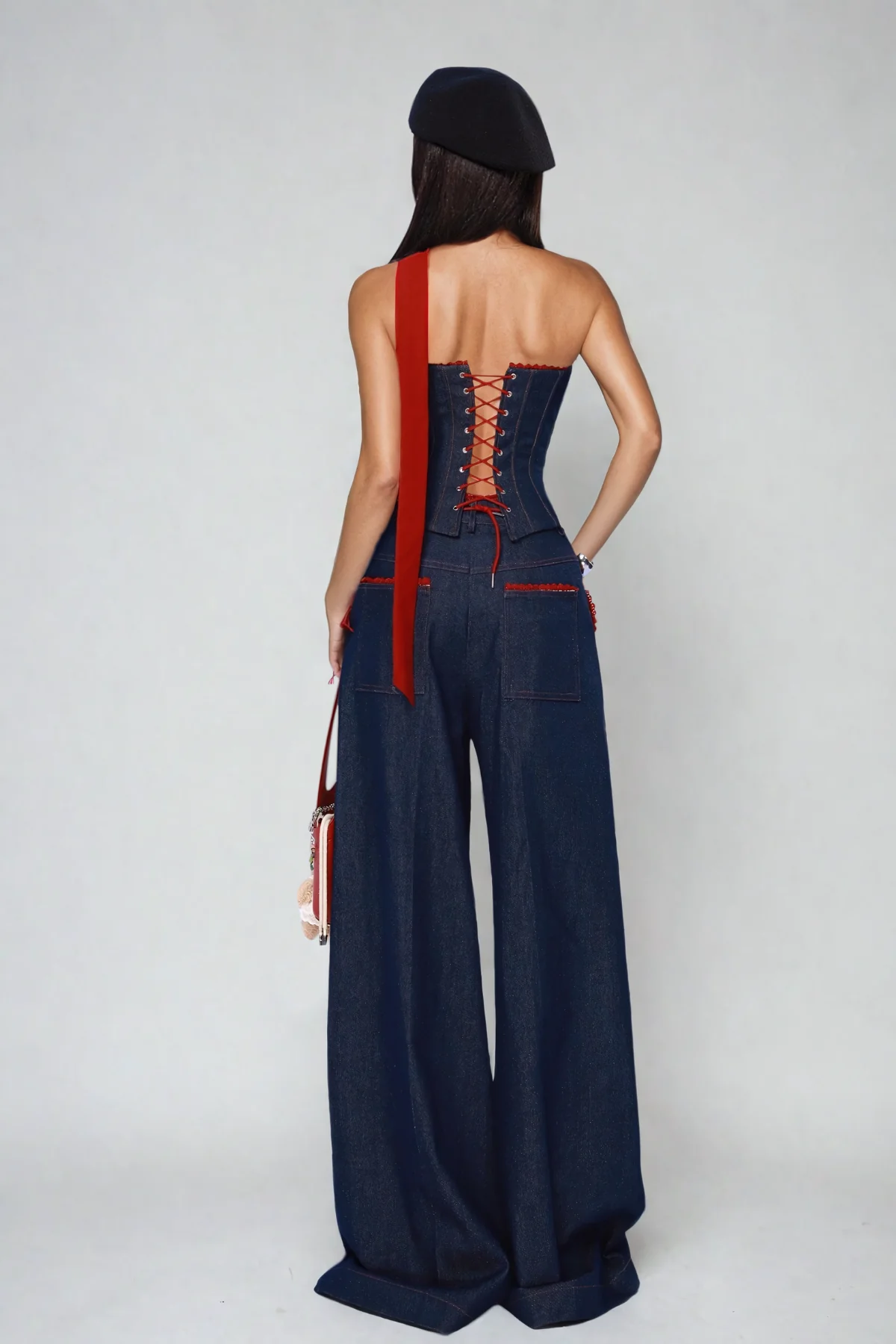 Blue Denim Strapless Lace-Up Pants Set