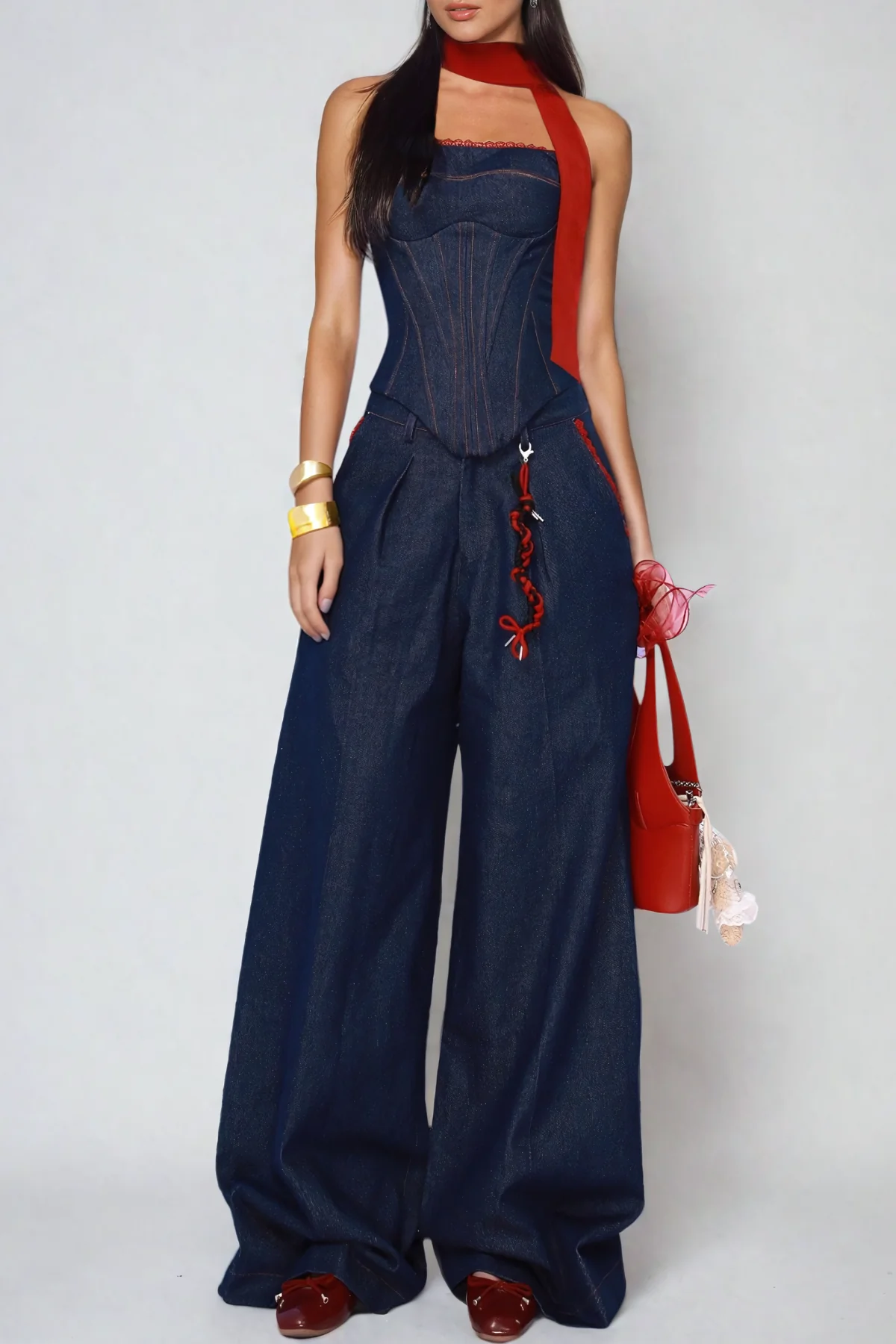 Blue Denim Strapless Lace-Up Pants Set