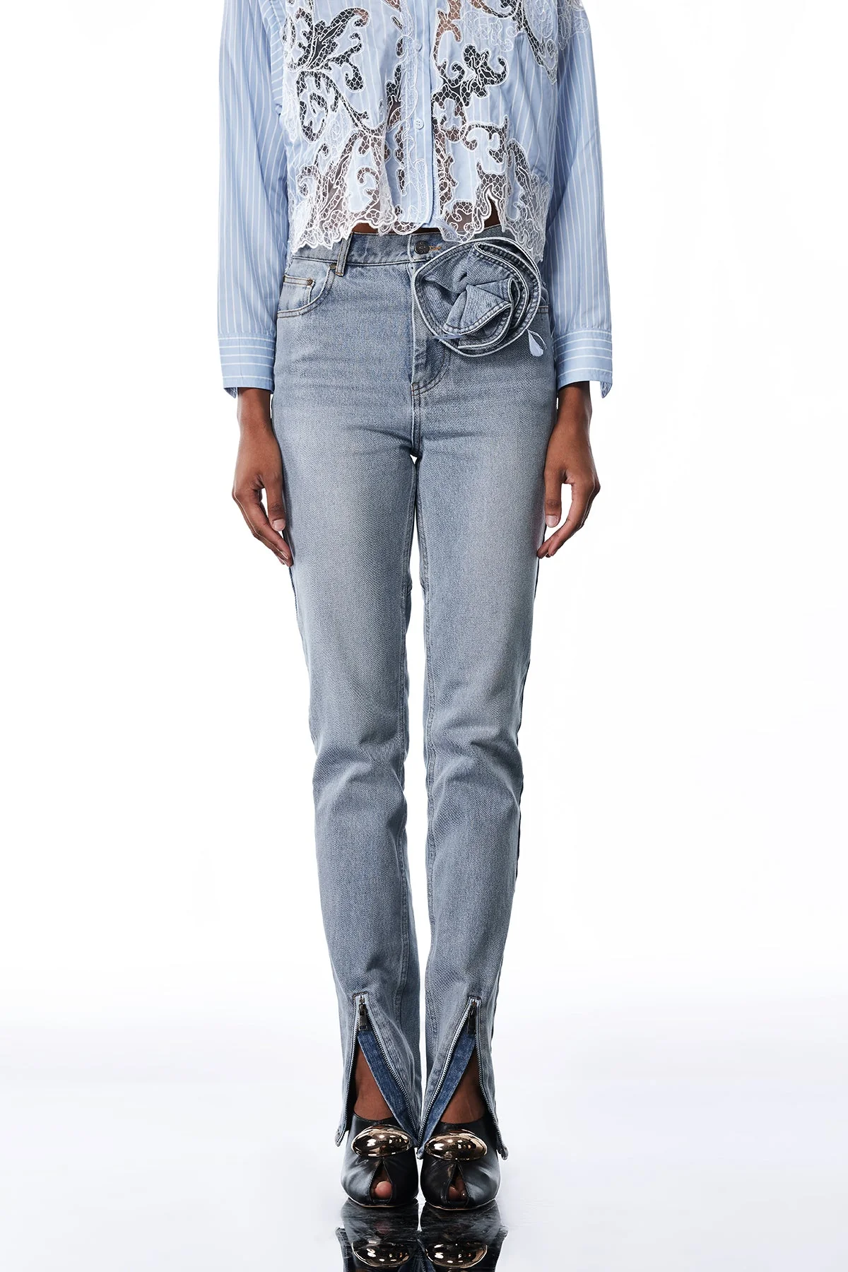 Floral Zipper Skinny Jeans in Blue | Falak Design