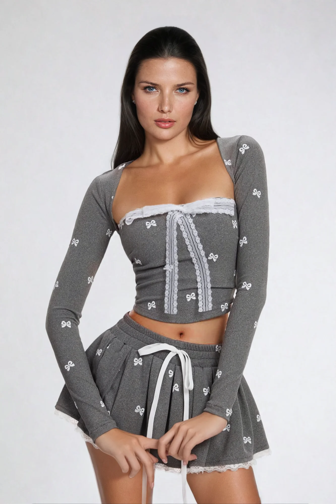 Elegant Lace Bow Skirt Set - High-Quality Polyester Material