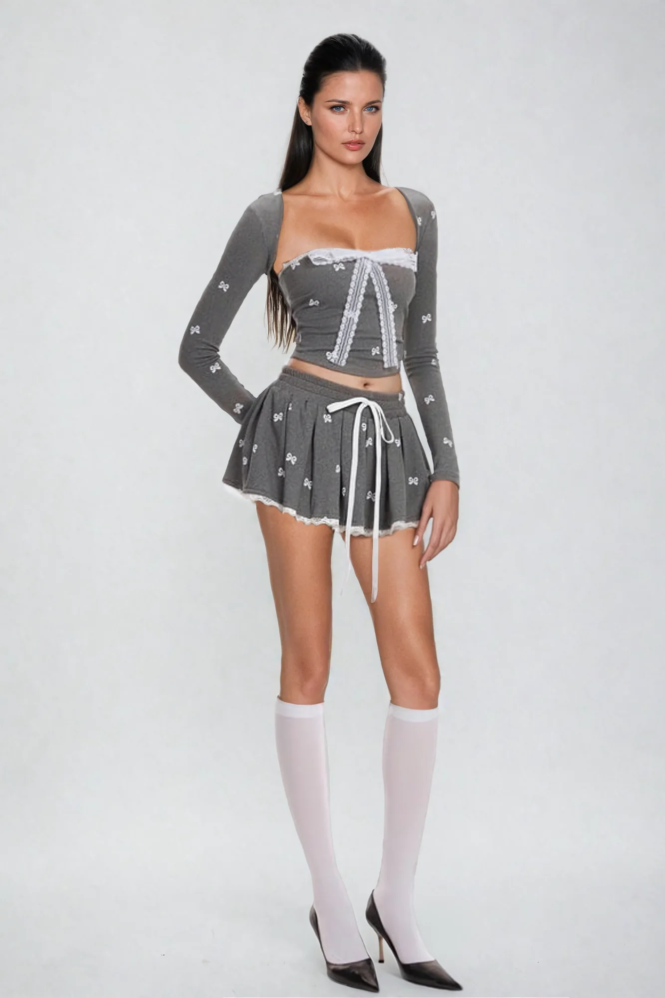 Elegant Lace Bow Skirt Set - High-Quality Polyester Material