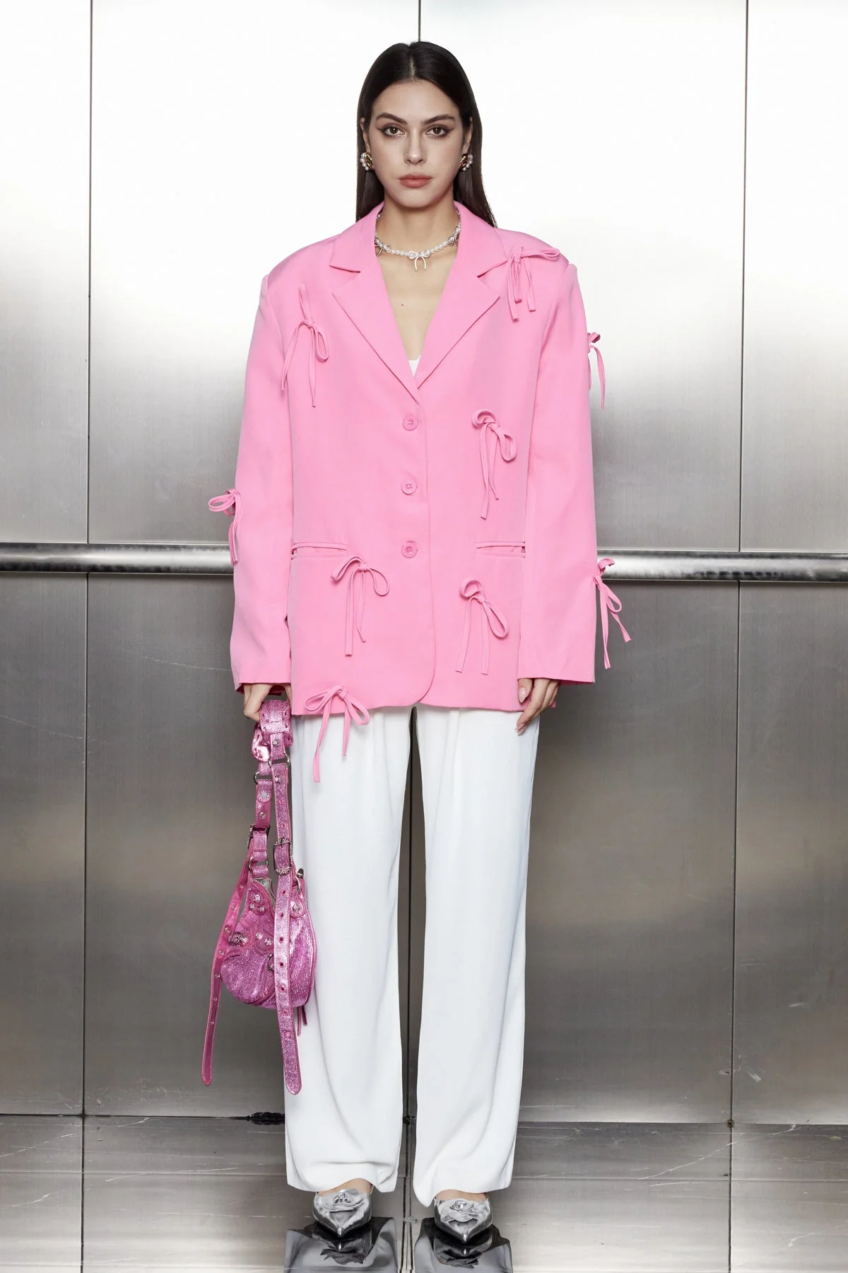 Pink Bow Lapel Blazer for Professional Attire