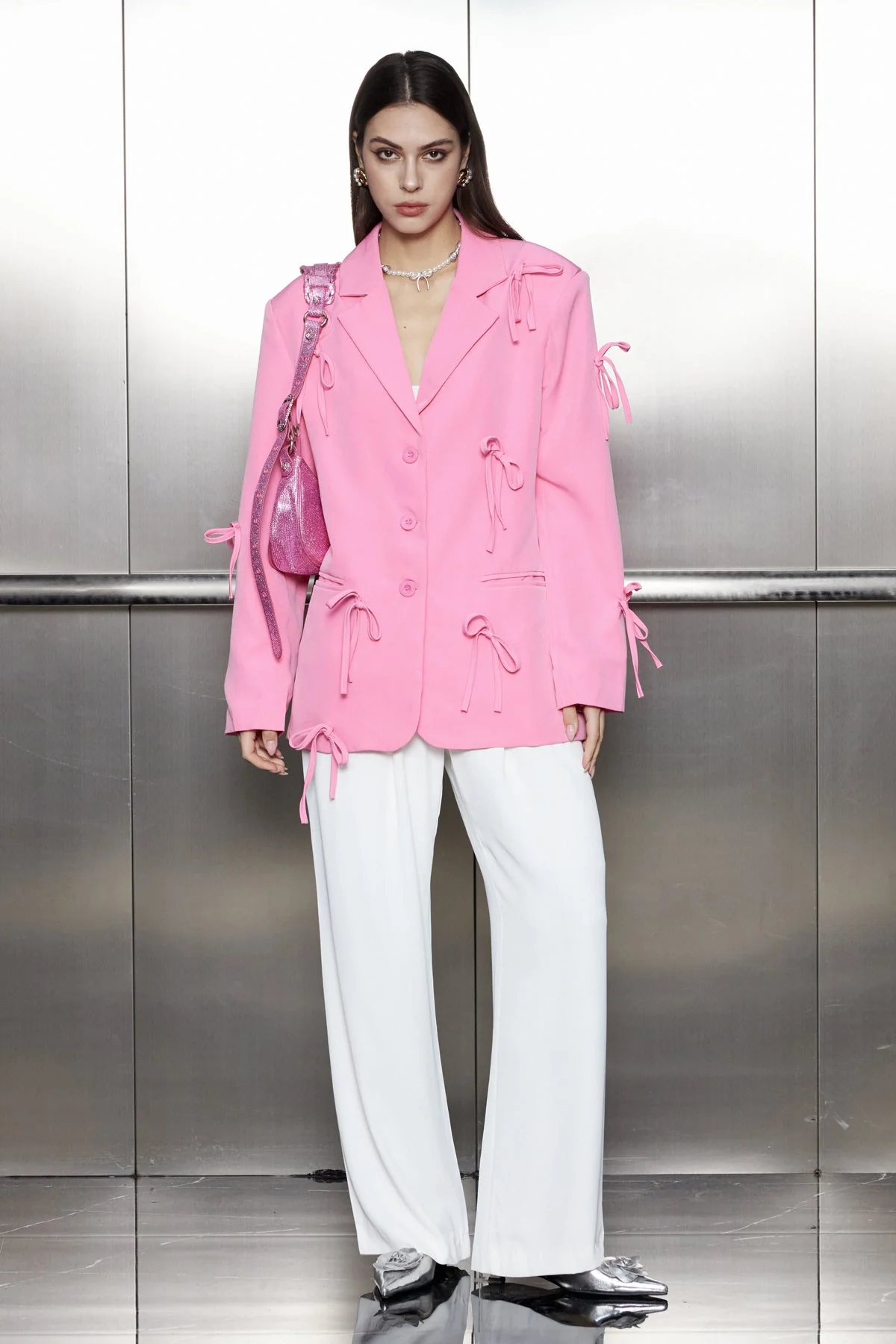 Pink Bow Lapel Blazer for Professional Attire
