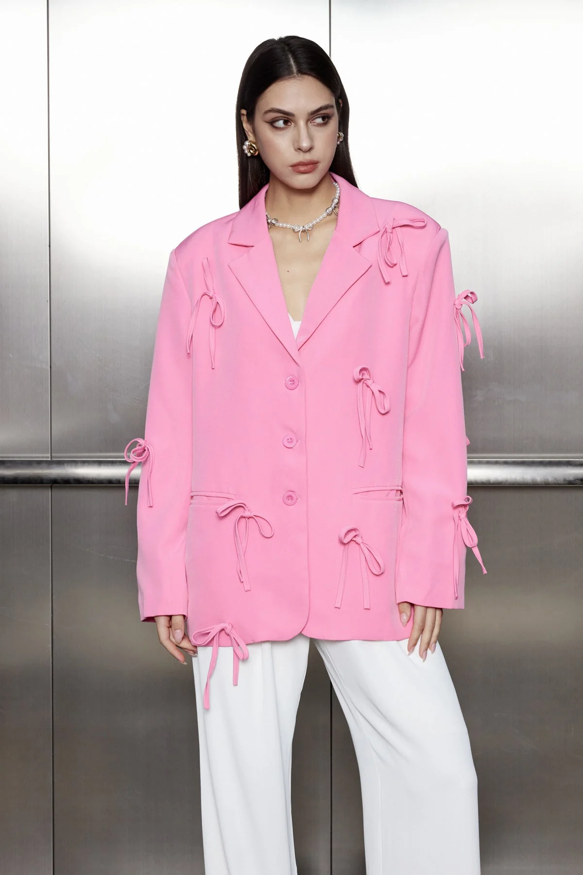 Pink Bow Lapel Blazer for Professional Attire