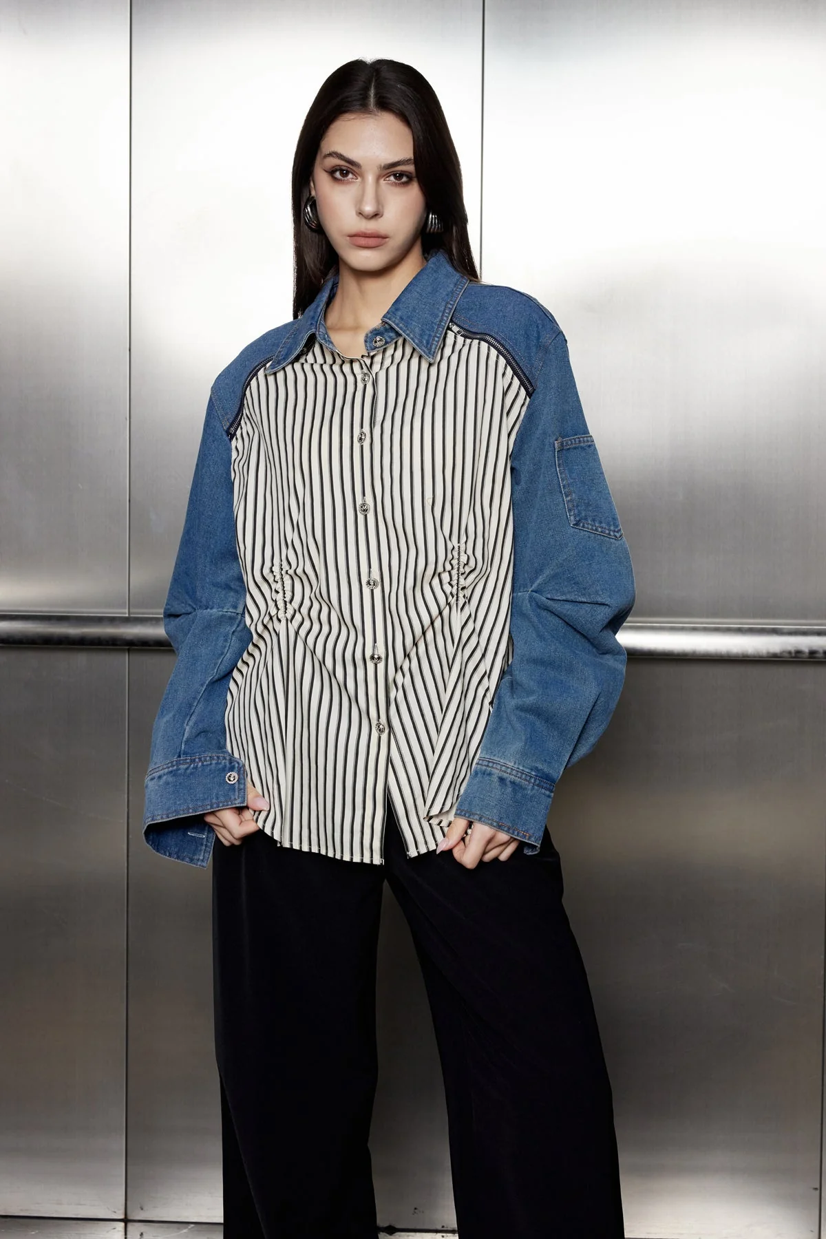 Ruched Stripe Denim Shirt in Blue | Patchwork Design