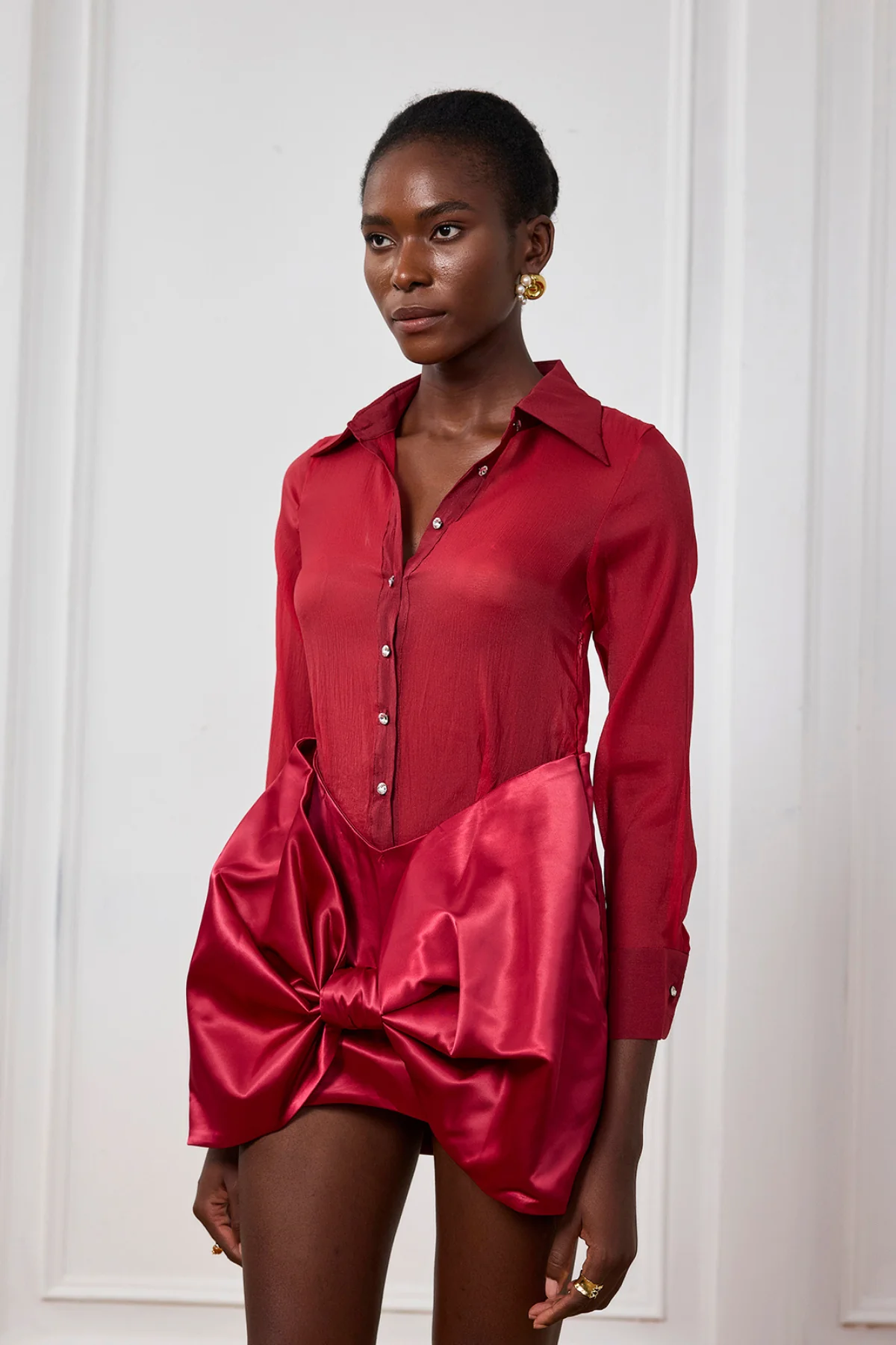 Red Satin Mini Dress with Bow Detailing