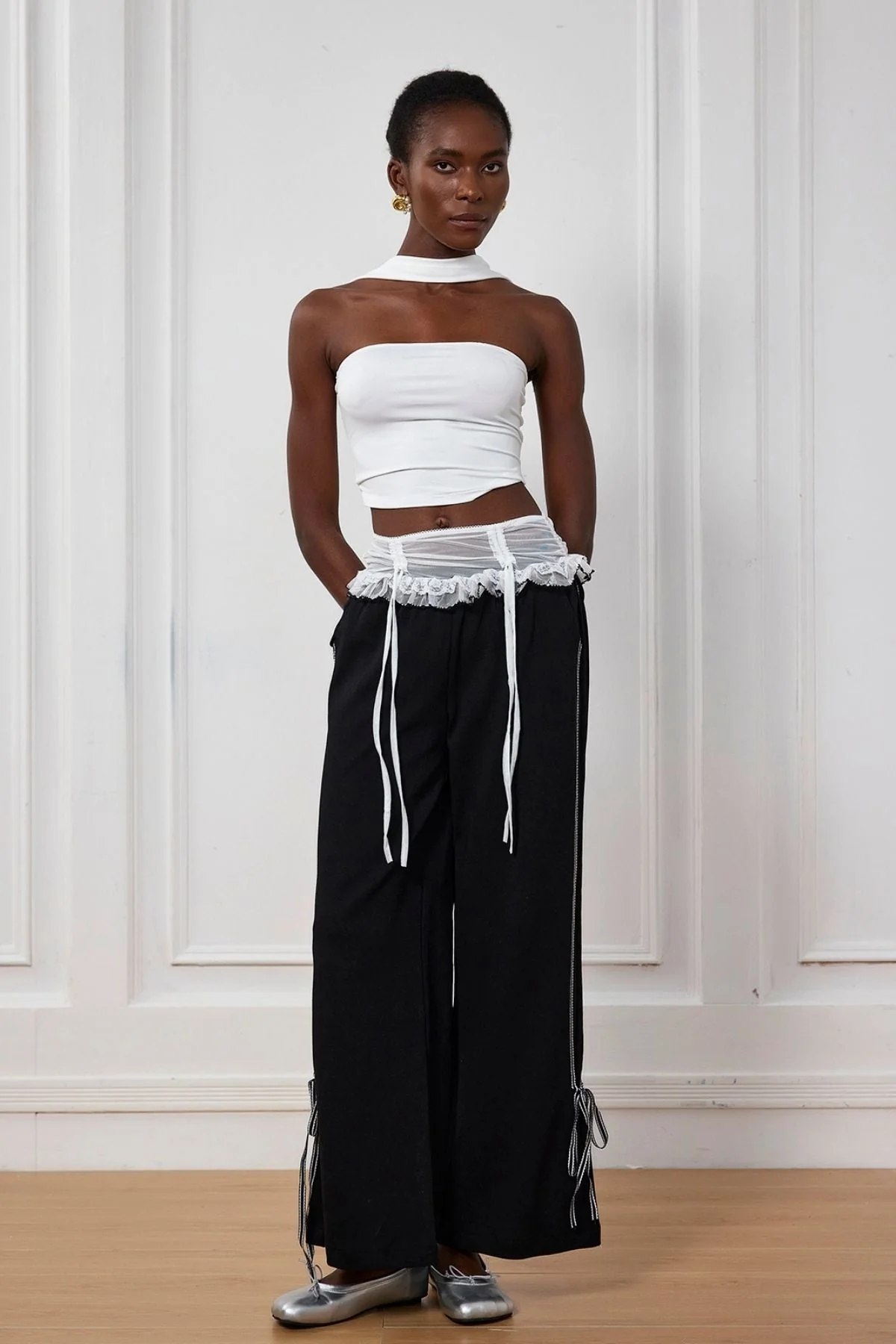 Black Lace Bow Patchwork Pants