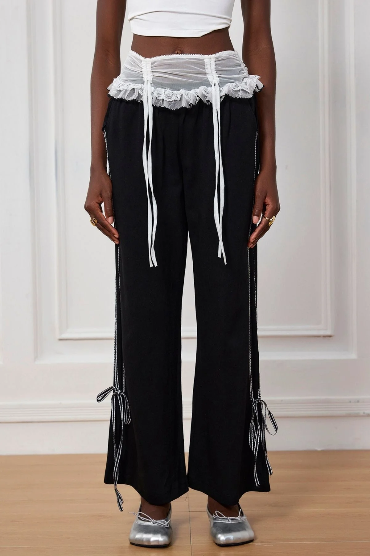 Black Lace Bow Patchwork Pants