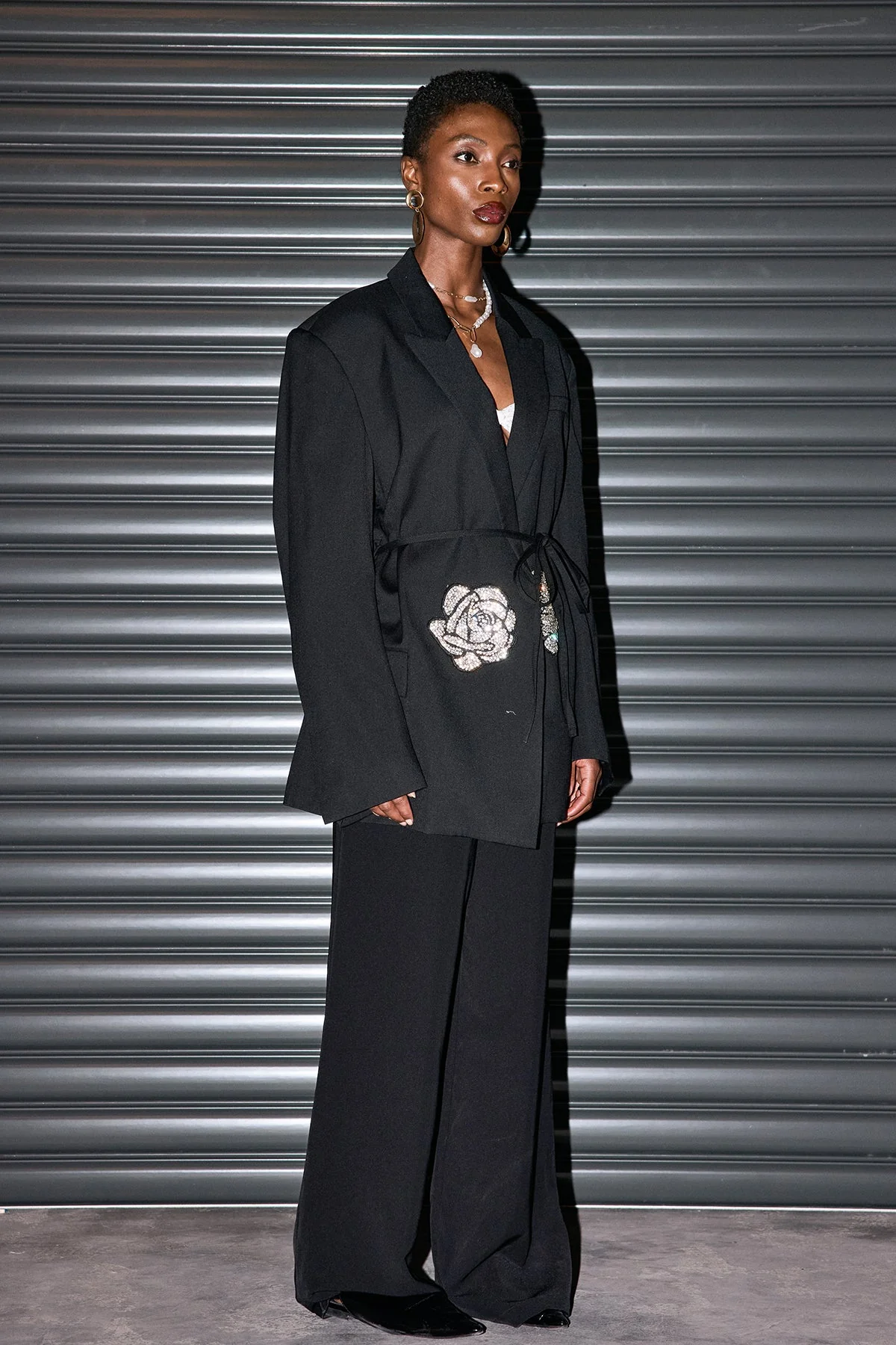 Floral Rhinestone Lace Up Blazer - Elegant Statement Piece