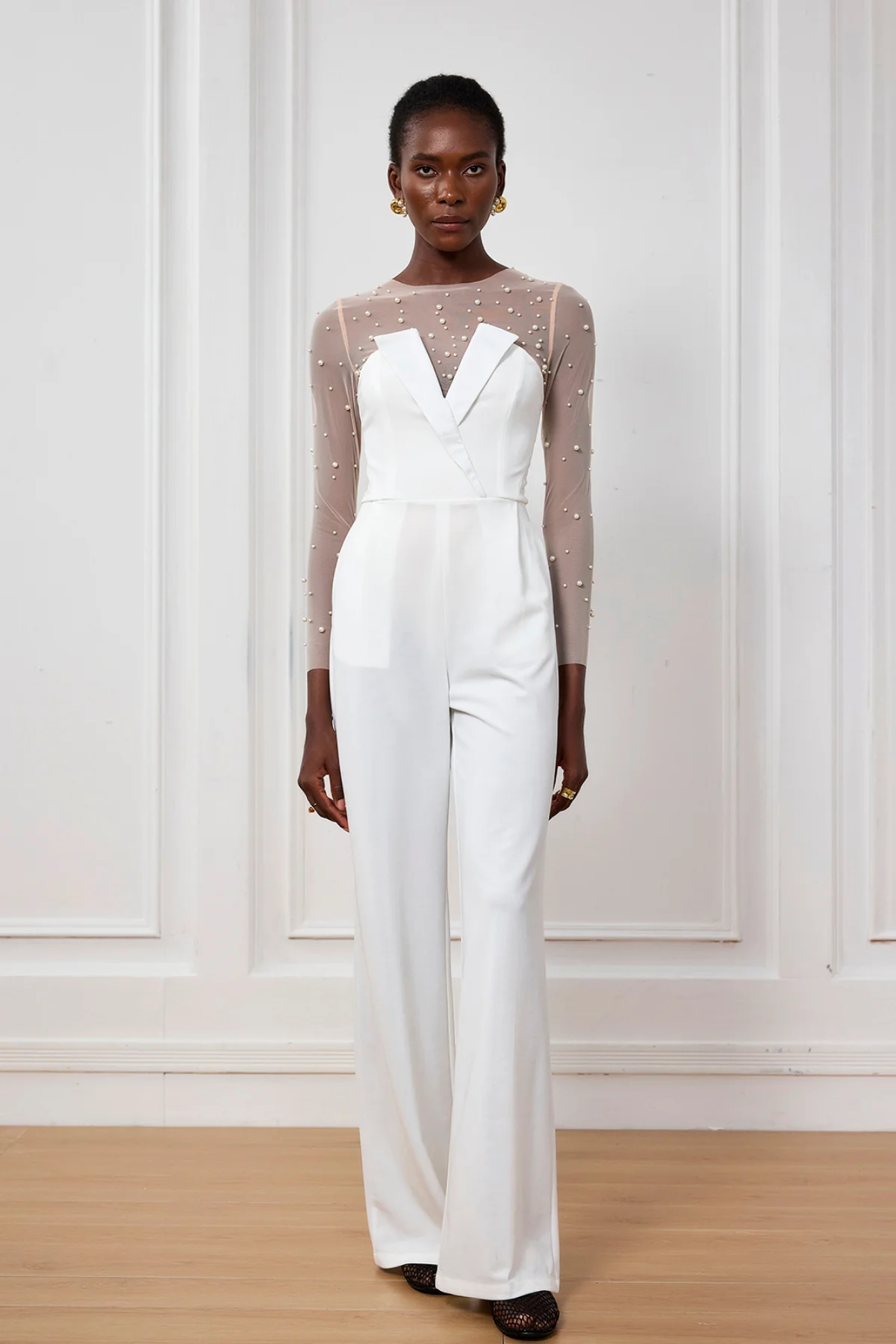 White Pearl Two Piece Jumpsuit with Plunging Neckline