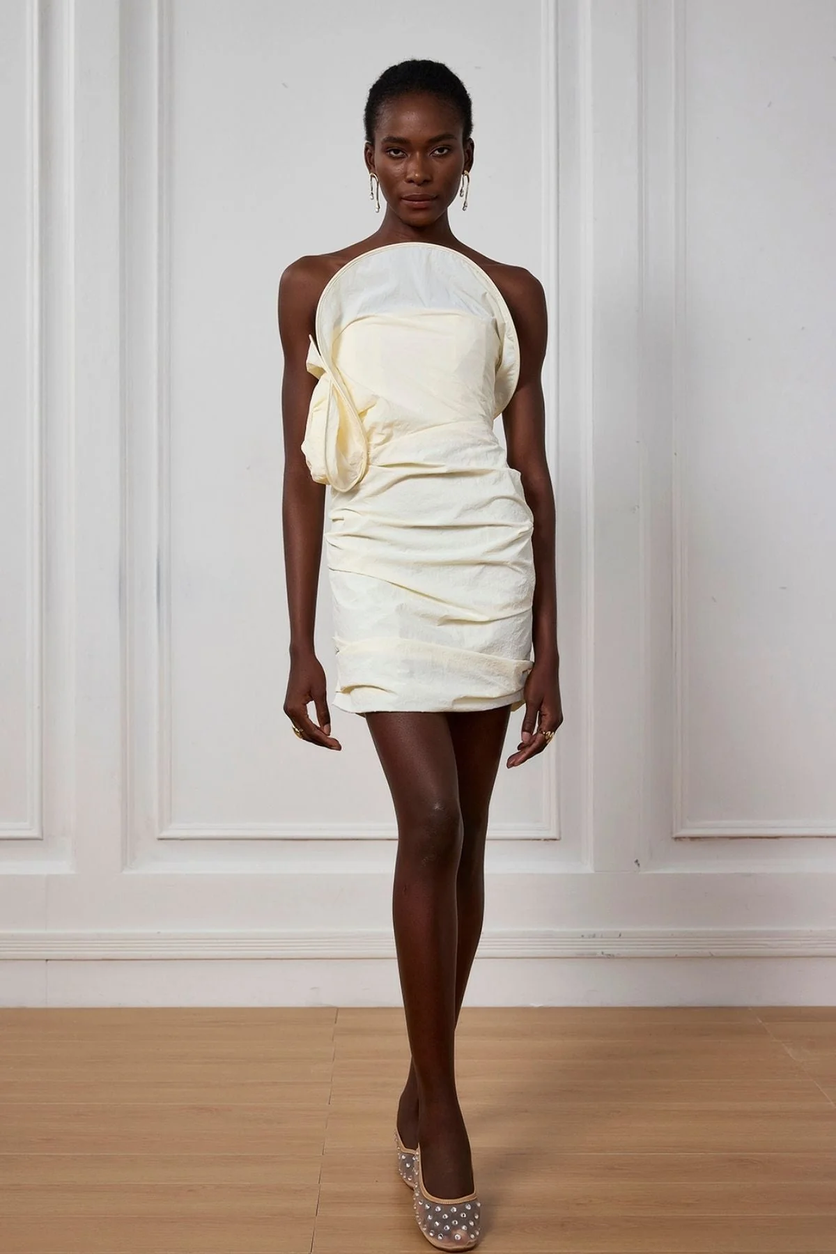 White Pearl Twist Off Shoulder Mini Dress