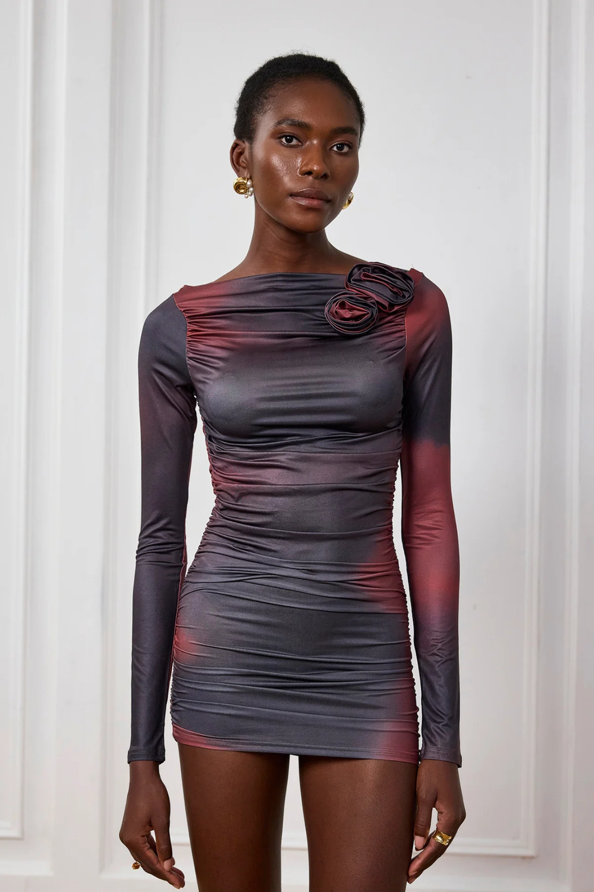 Purple Floral Ruched Long Sleeve Mini Dress