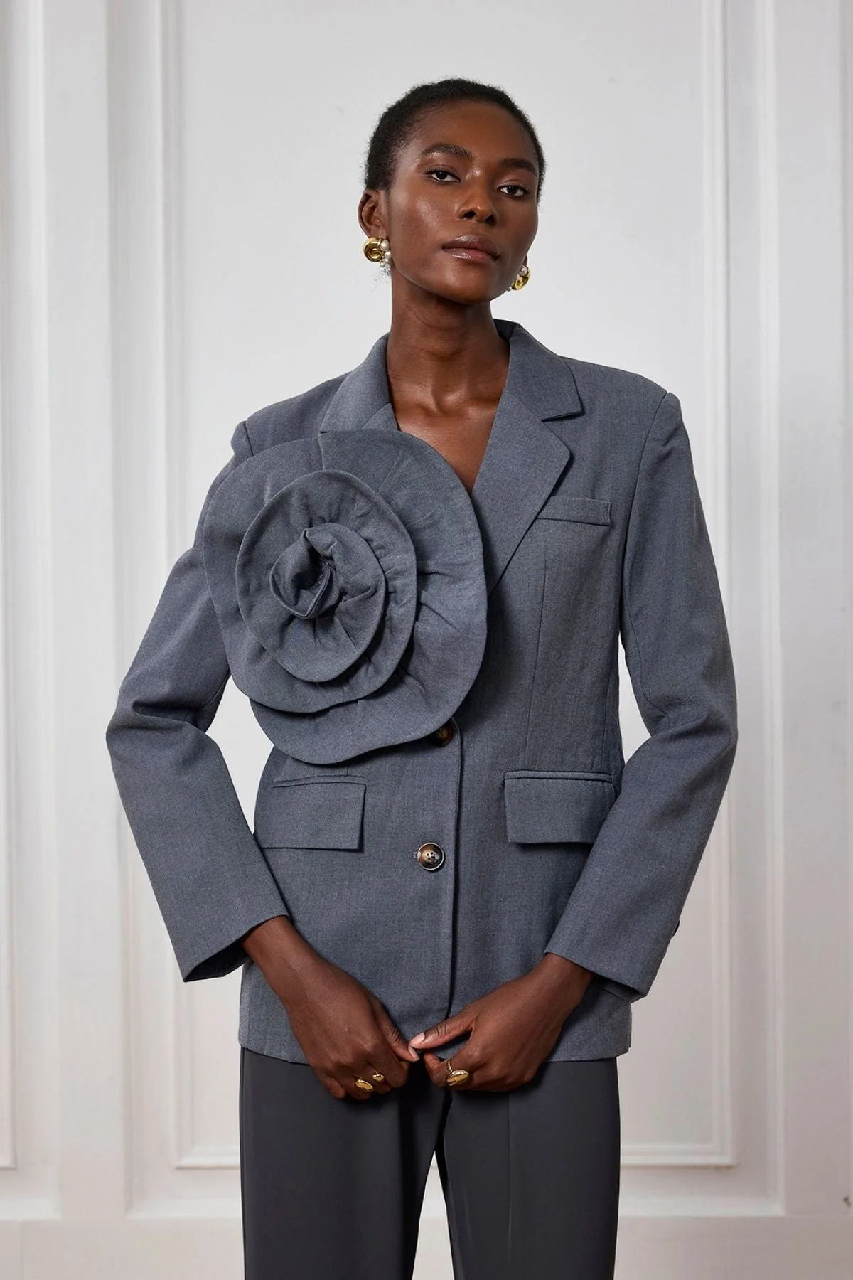 Elegant Grey Floral Lapel Blazer for Women