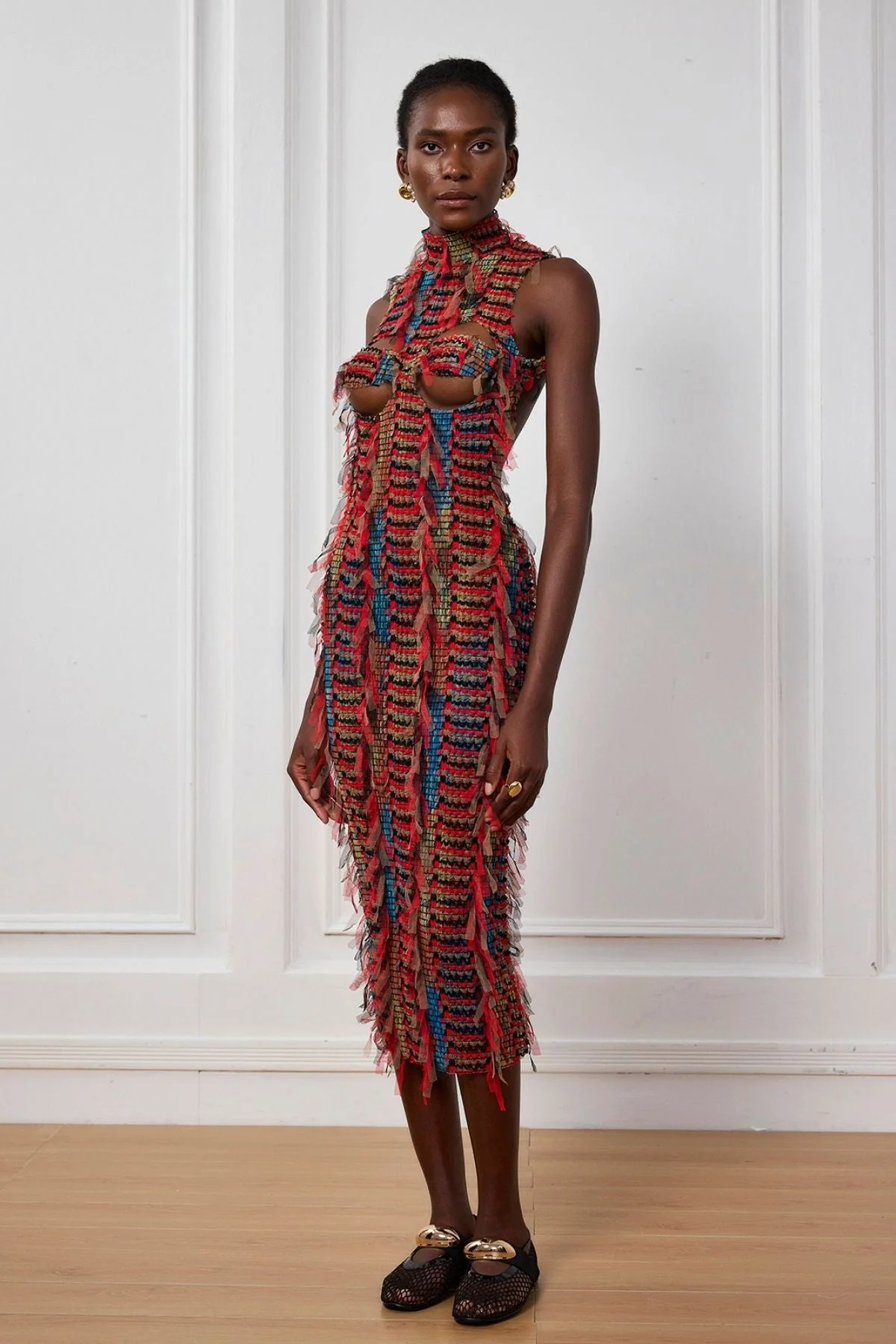 Red Fringe Backless Mid-Length Dress