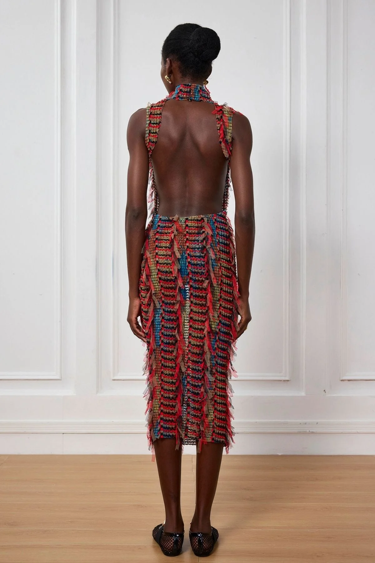 Red Fringe Backless Mid-Length Dress