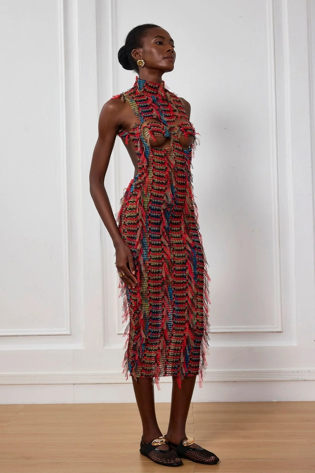 Red Fringe Backless Mid-Length Dress