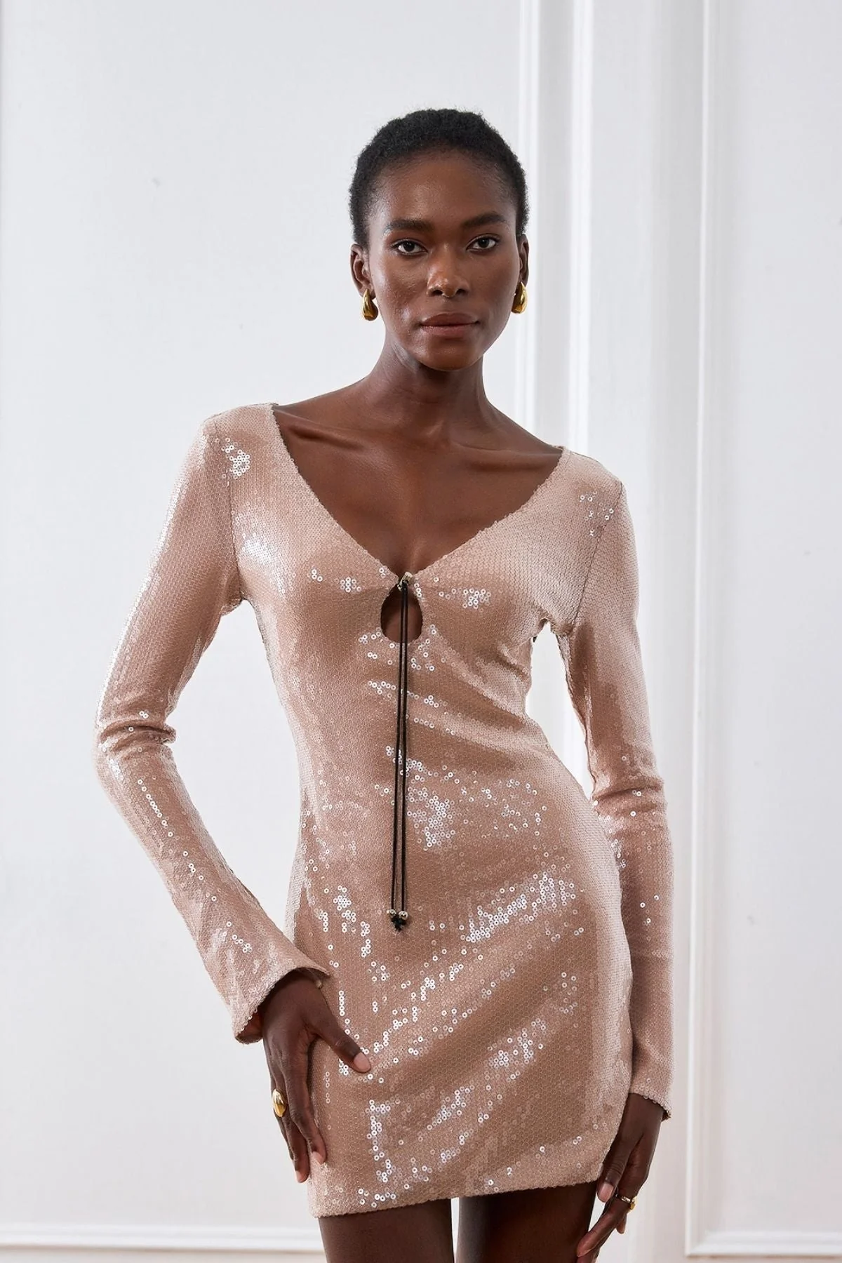 Apricot Sequin Mini Dress with Long Sleeves