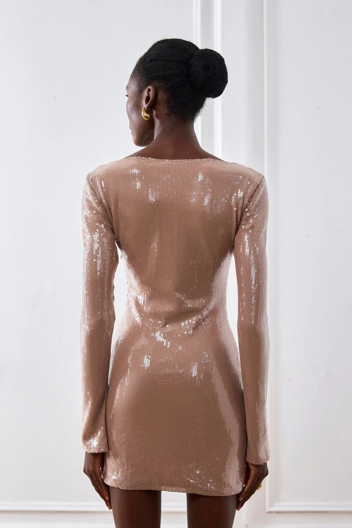 Apricot Sequin Mini Dress with Long Sleeves