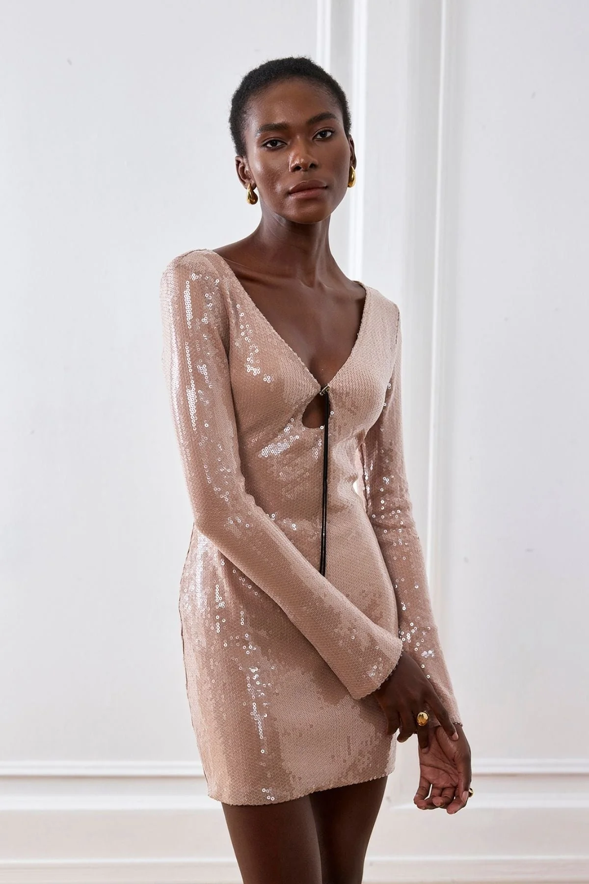 Apricot Sequin Mini Dress with Long Sleeves