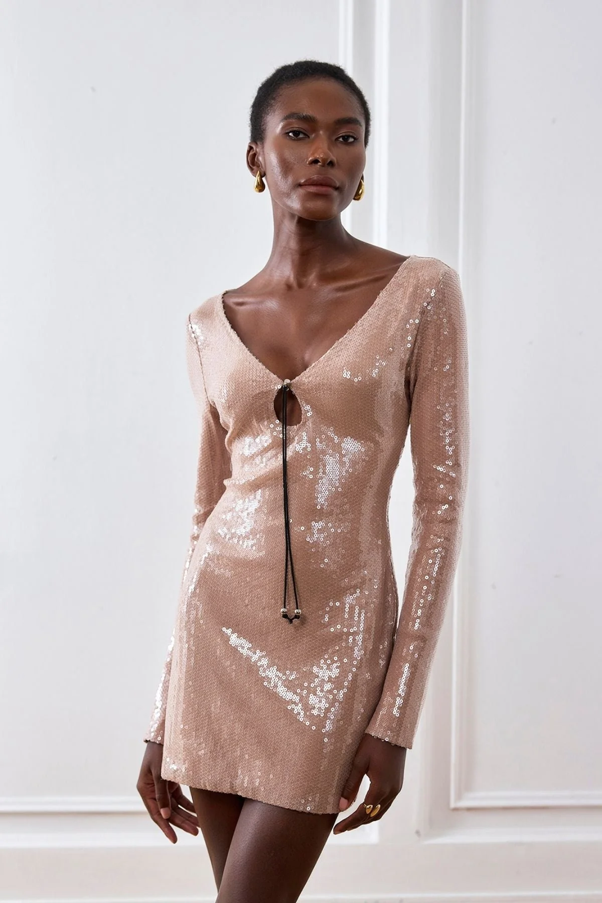 Apricot Sequin Mini Dress with Long Sleeves