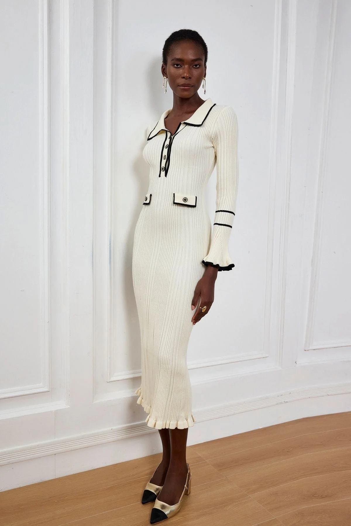 White Knit Ruffle Midi Dress | Versatile & Stylish