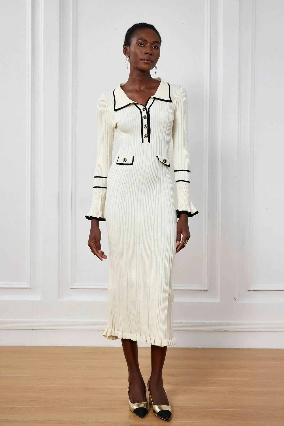 White Knit Ruffle Midi Dress | Versatile & Stylish