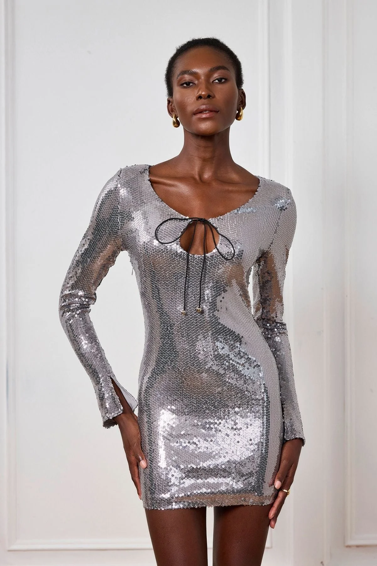 Silver Sequin Mini Dress with Long Sleeves