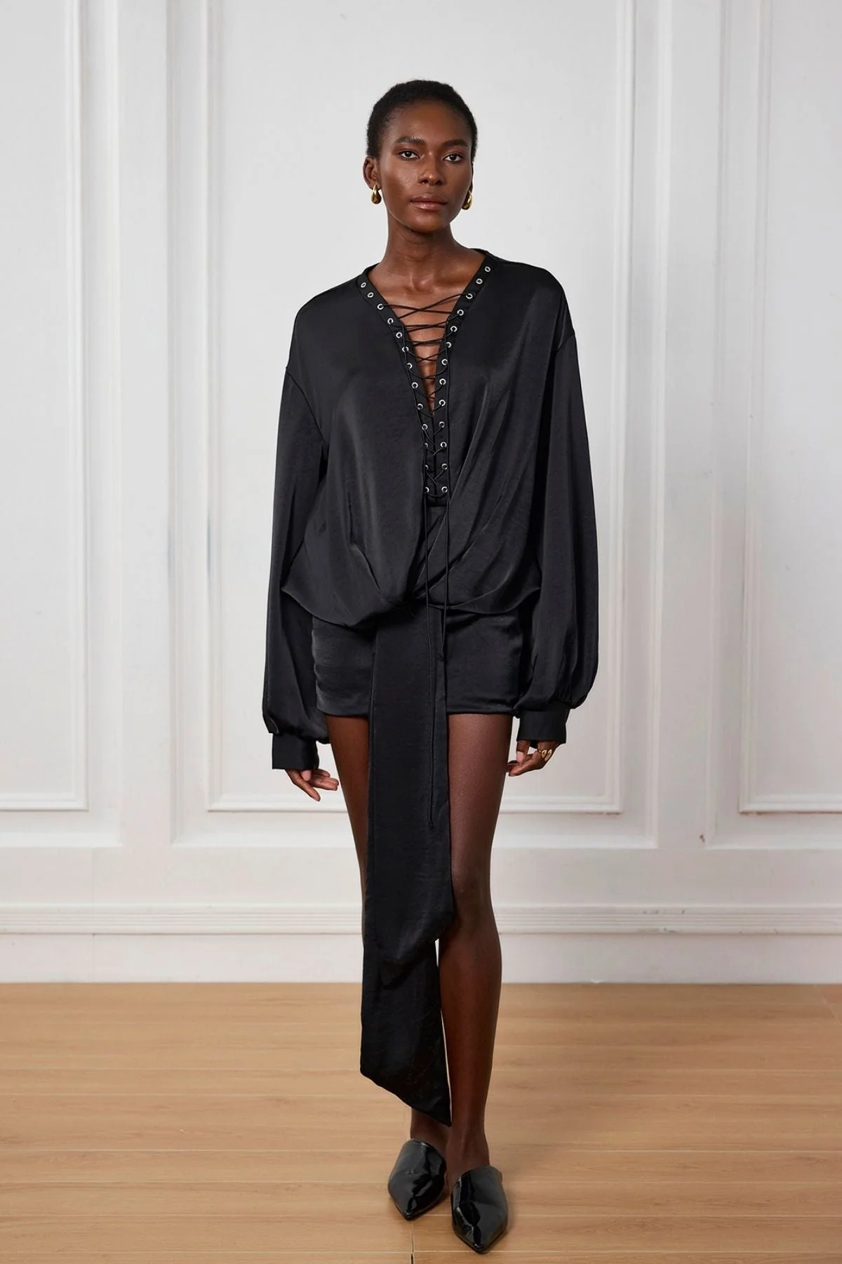 Elegant Satin Fringe Mini Dress in Black